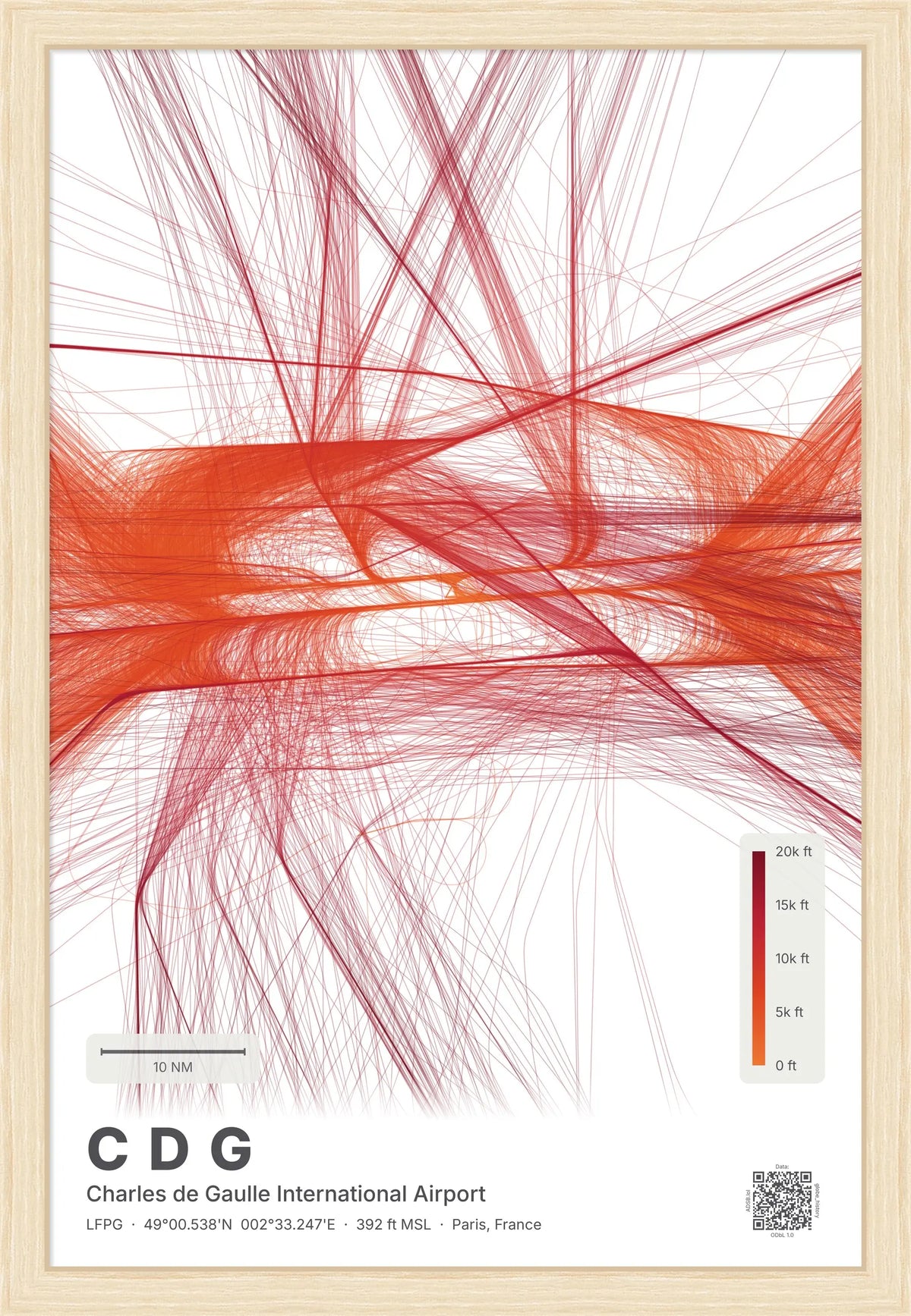 CDG flight path map — Inferno theme · Light [material:framed_natural]