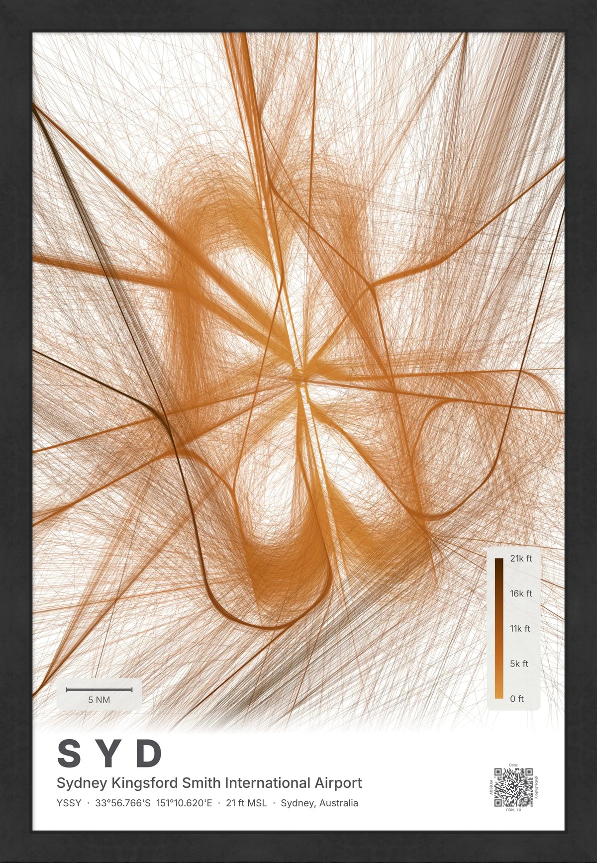 SYD flight path map — Solana theme · Light [material:framed_black]