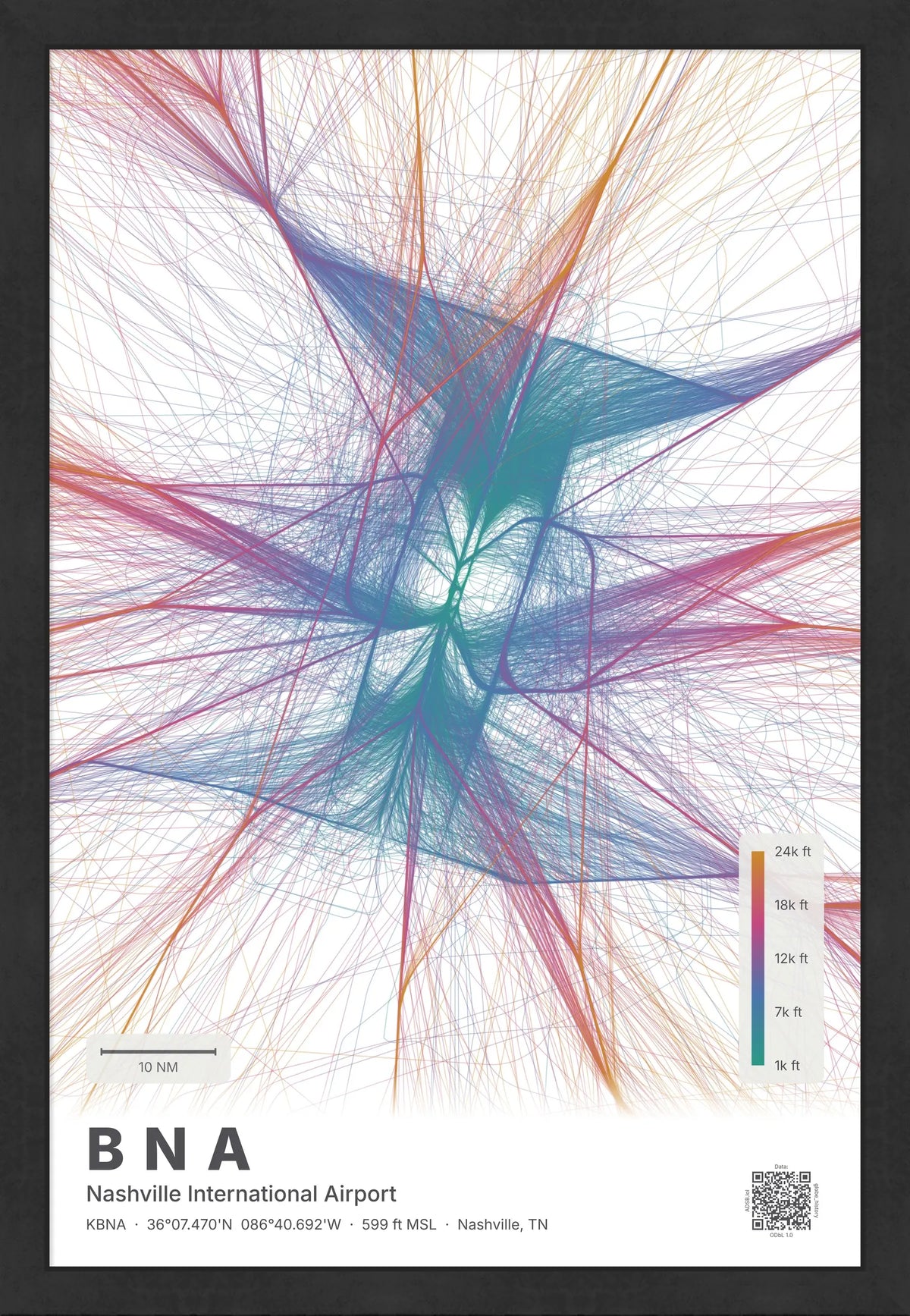 BNA flight path print — Aurora theme · Light [material:framed_black]