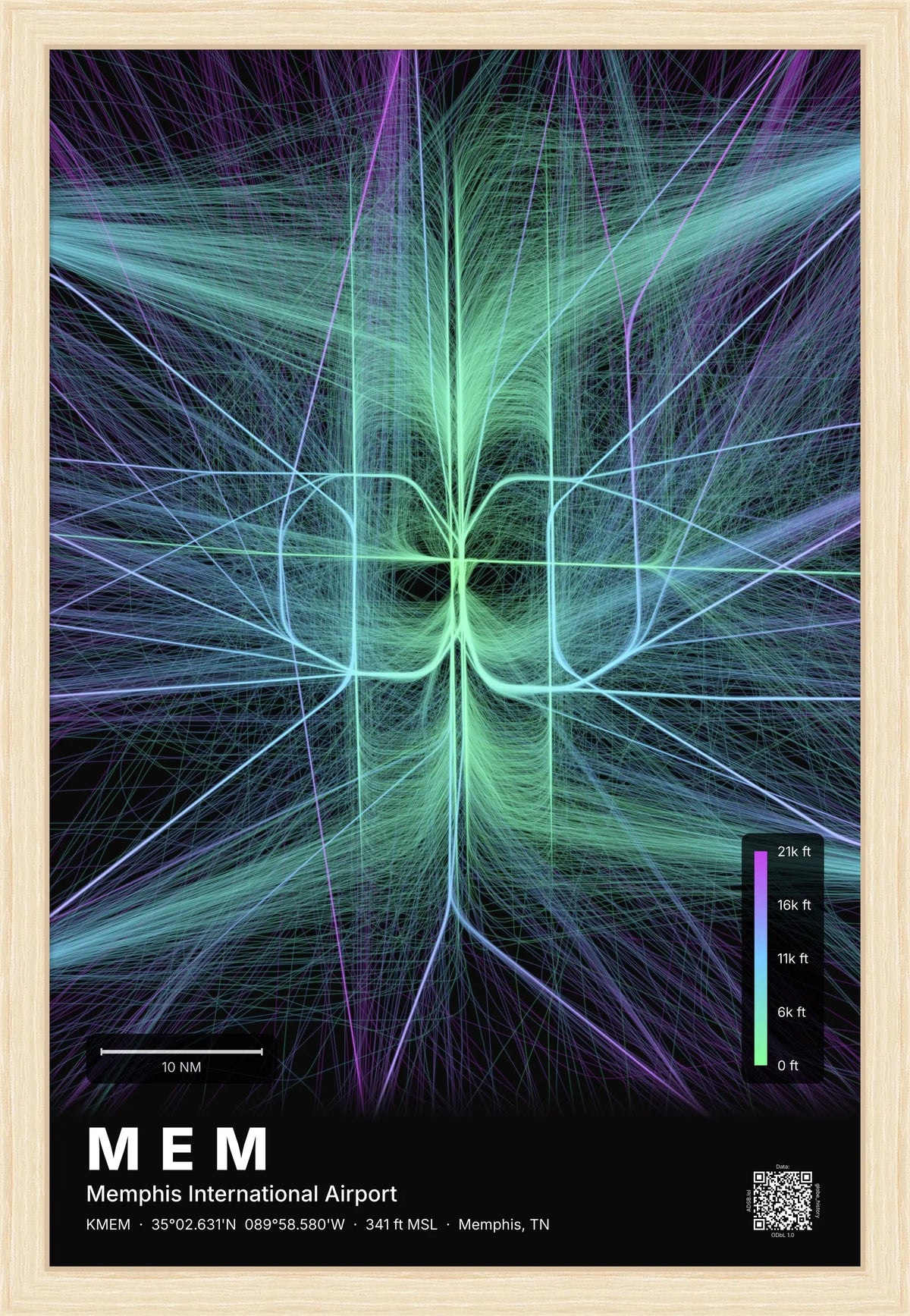 MEM flight path print — Prism theme · Dark [material:framed_natural]