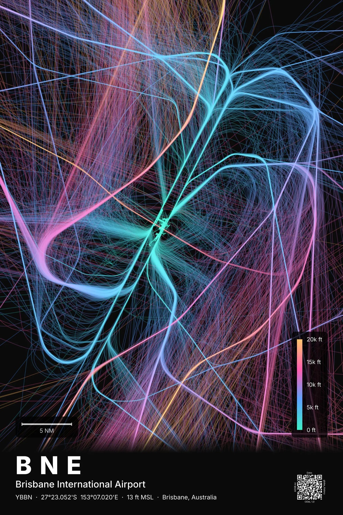 BNE flight path map — Aurora theme · Dark