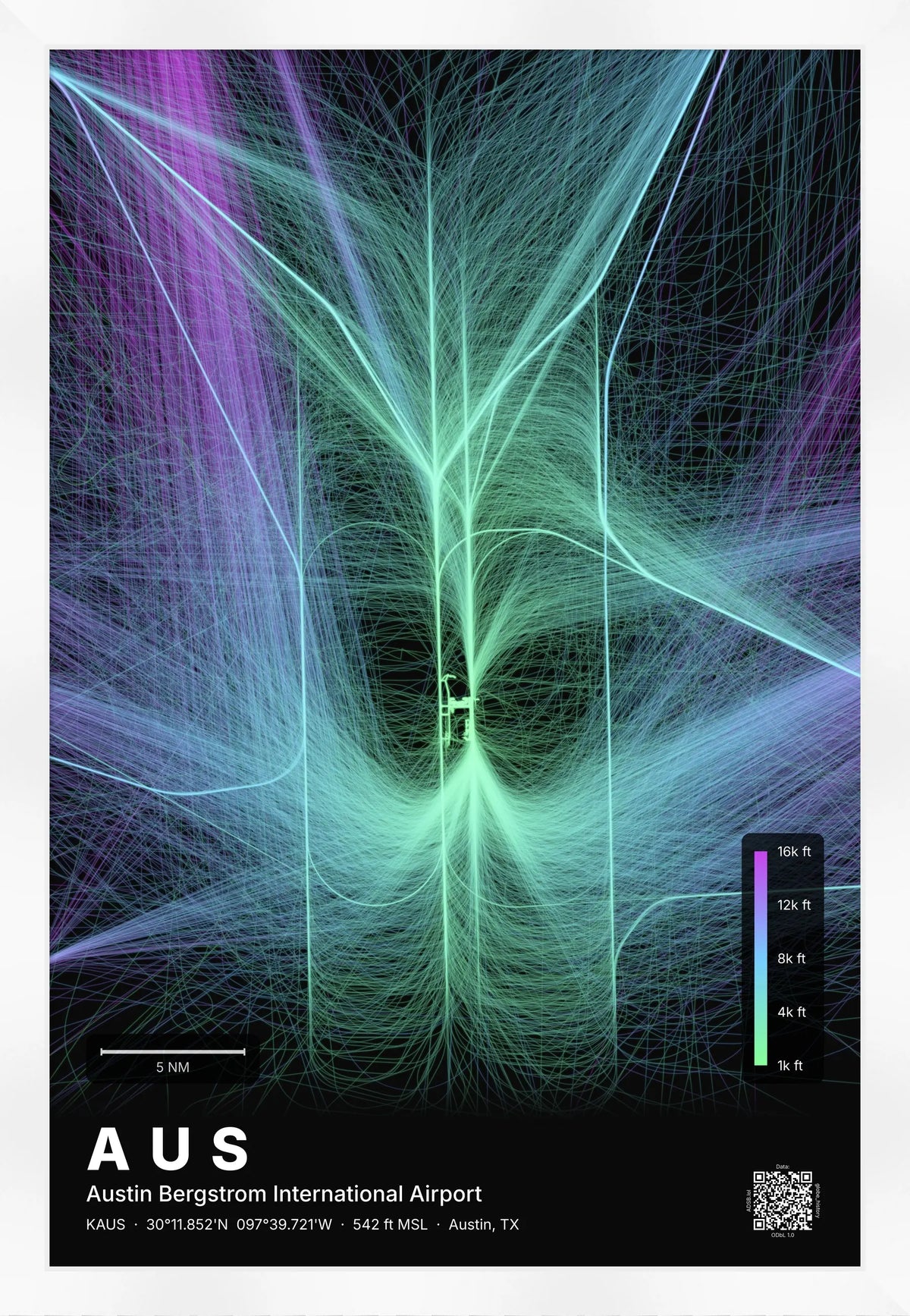 AUS flight path print — Prism theme · Dark [material:framed_white]