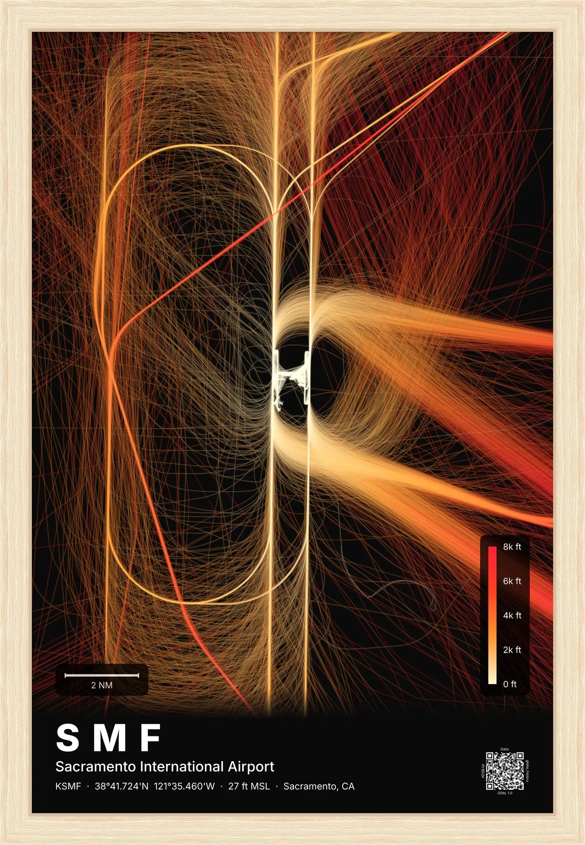 SMF flight path print — Inferno theme · Dark [material:framed_natural]