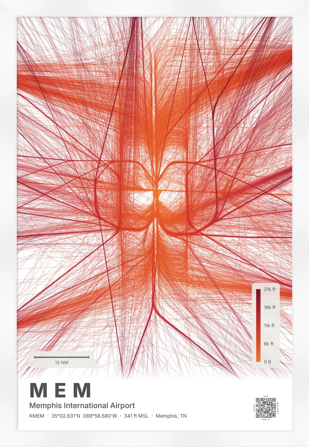 MEM flight path print — Inferno theme · Light [material:framed_white]