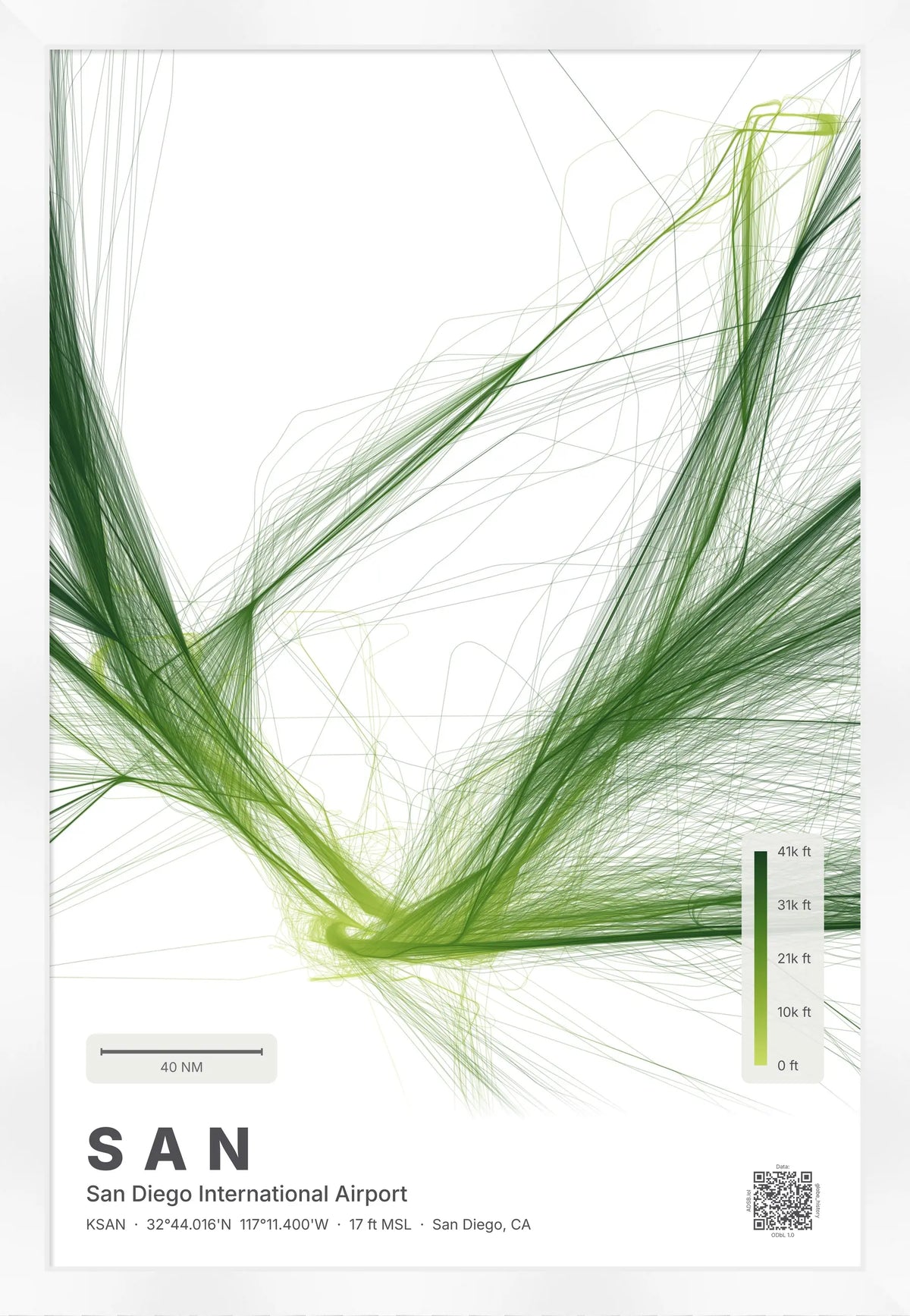 SAN flight path print — Citrus theme · Light [material:framed_white]
