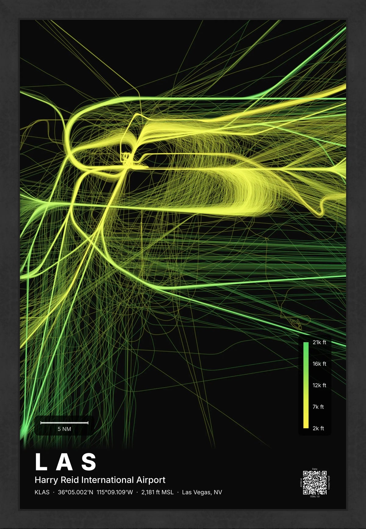 LAS flight path print — Citrus theme · Dark [material:framed_black]