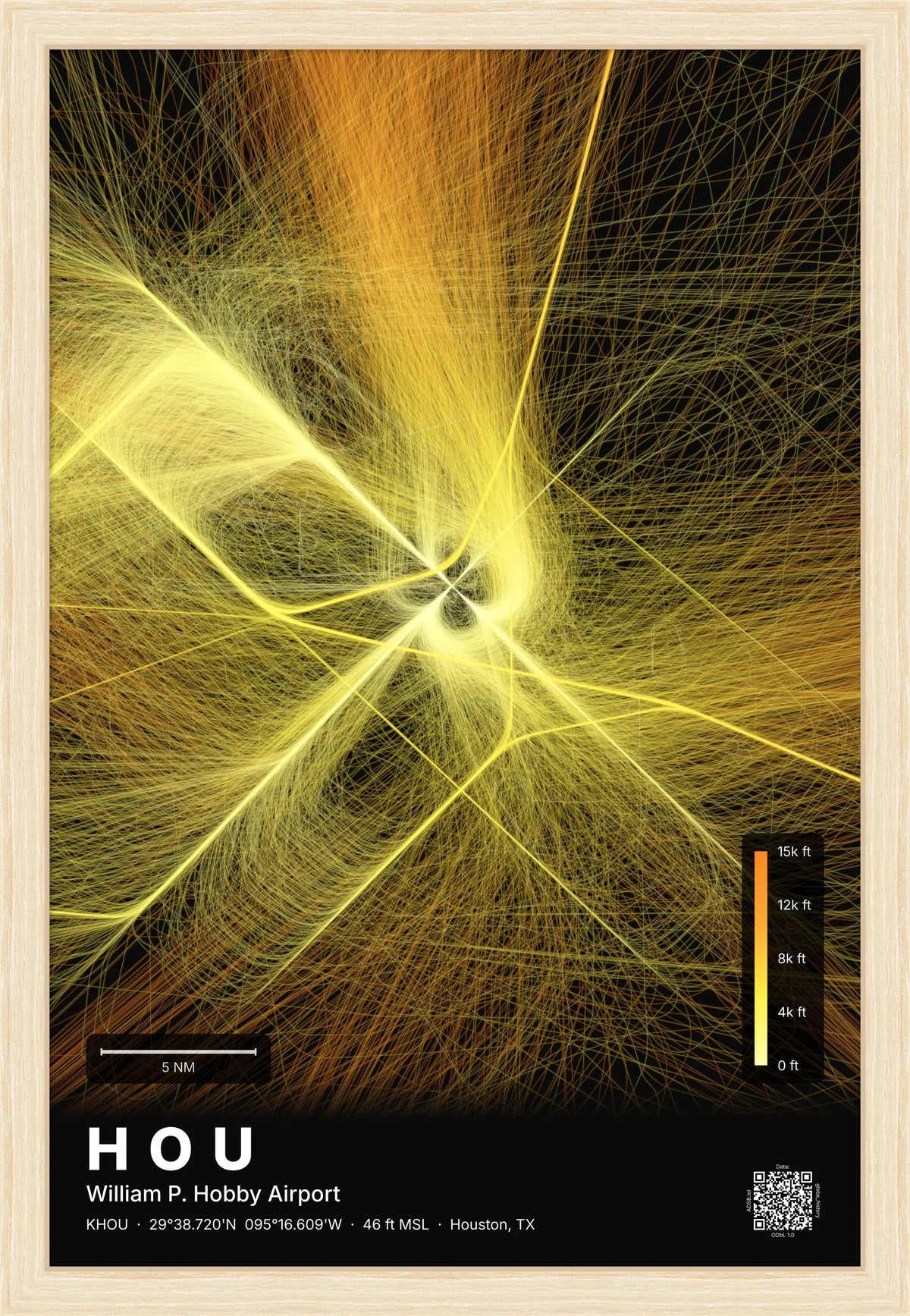 HOU flight path print — Solana theme · Dark [material:framed_natural]