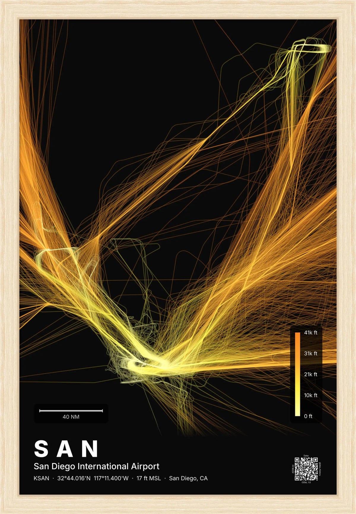 SAN flight path print — Solana theme · Dark [material:framed_natural]