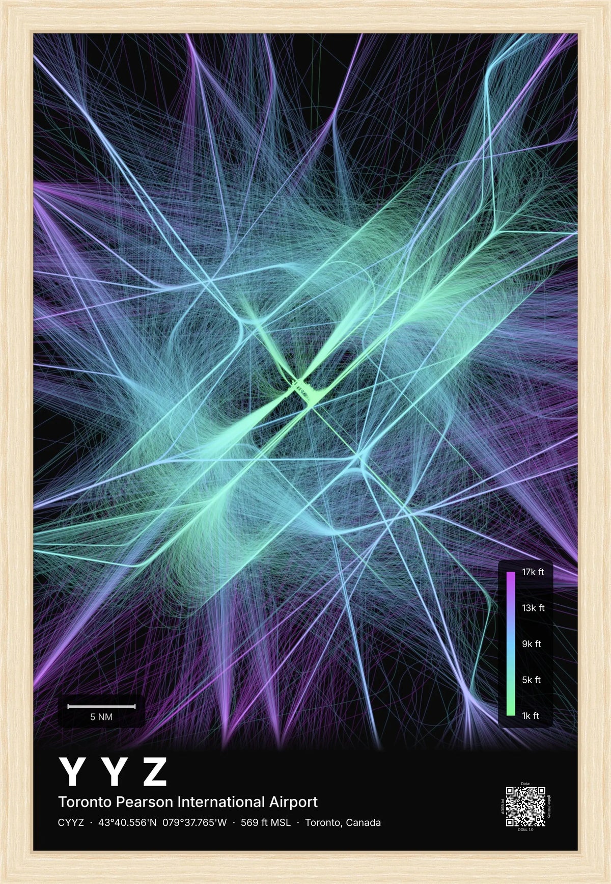 YYZ flight path map — Prism theme · Dark [material:framed_natural]