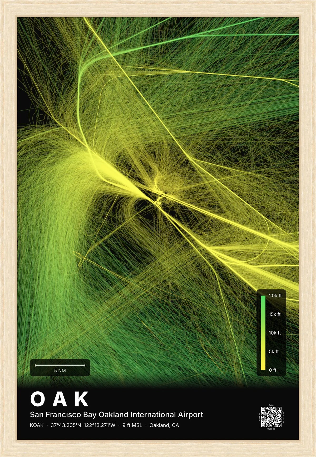 OAK flight path print — Citrus theme · Dark [material:framed_natural]