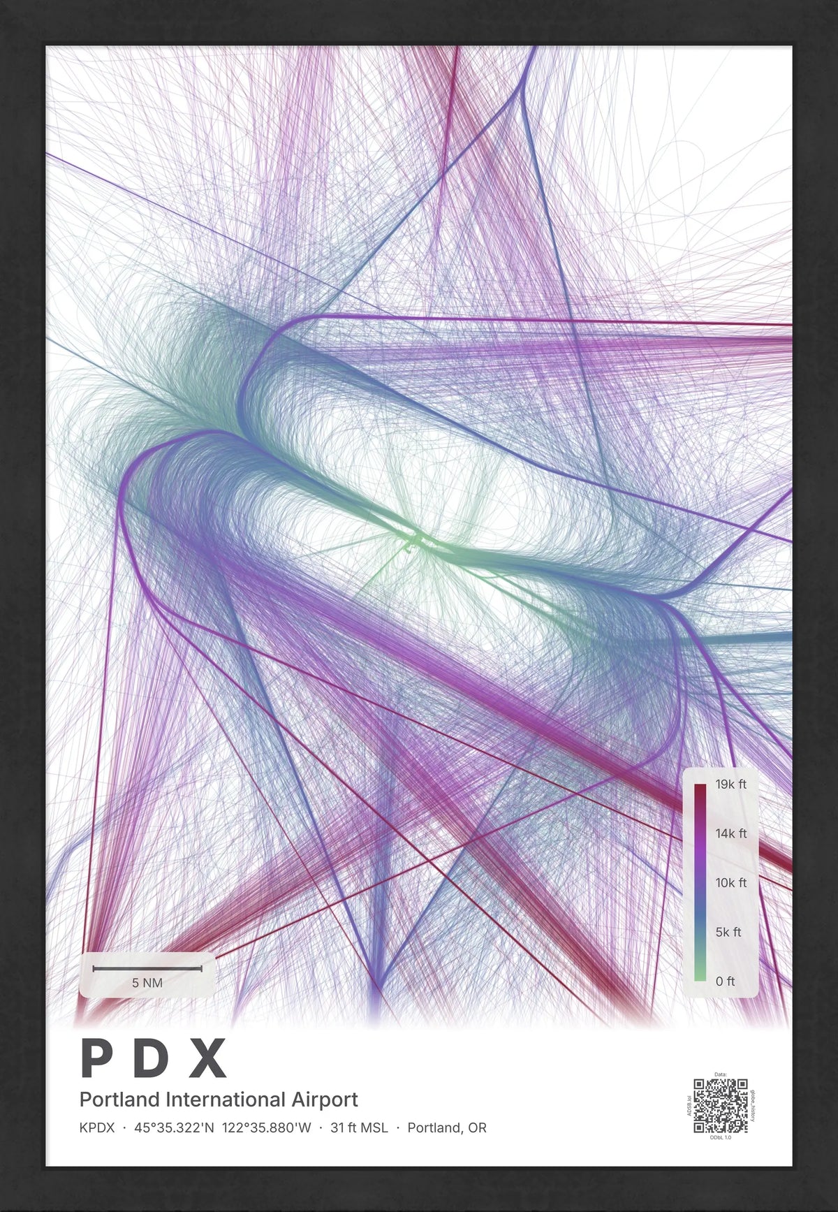 PDX flight path print — Prism theme · Light [material:framed_black]