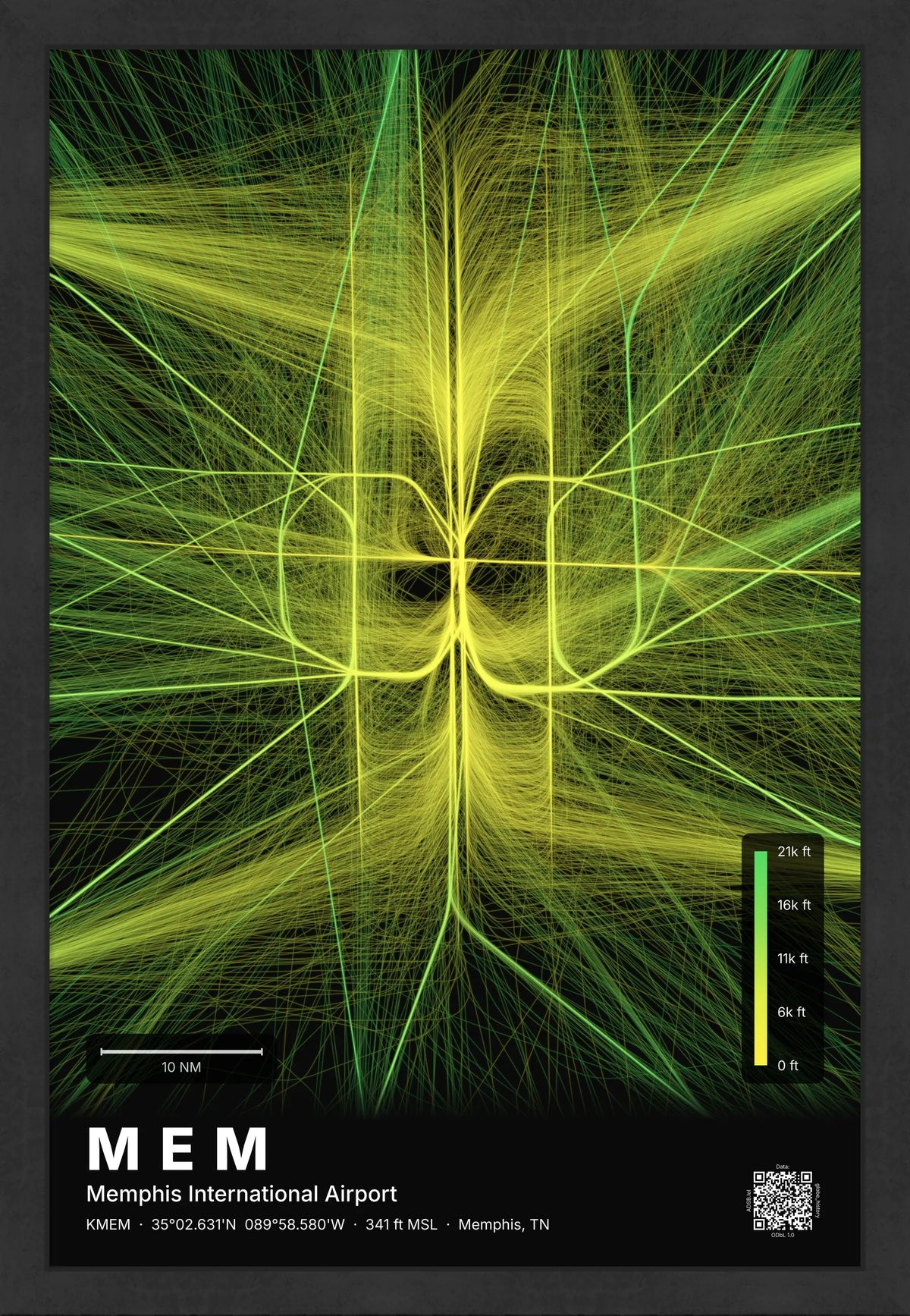MEM flight path print — Citrus theme · Dark [material:framed_black]