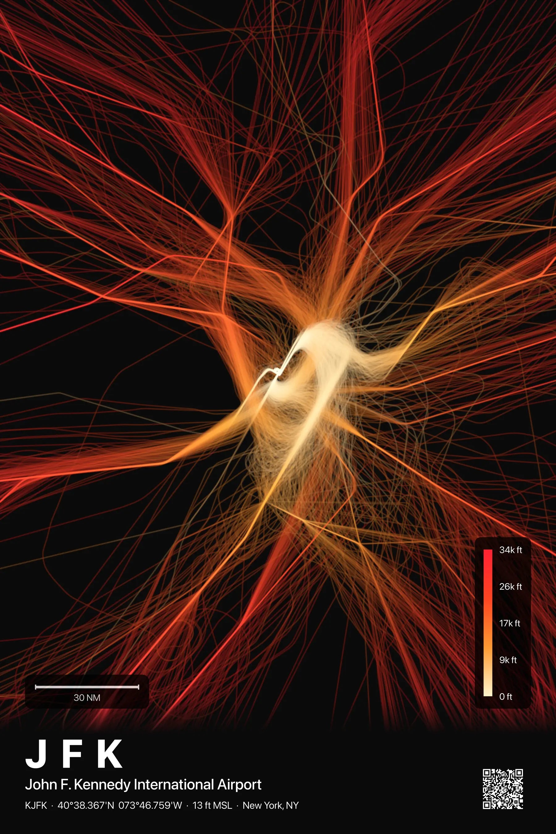 JFK flight path print — Inferno theme · Dark
