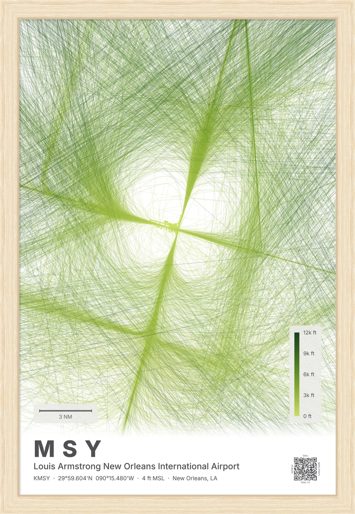 MSY flight path print — Citrus theme · Light [material:framed_natural]