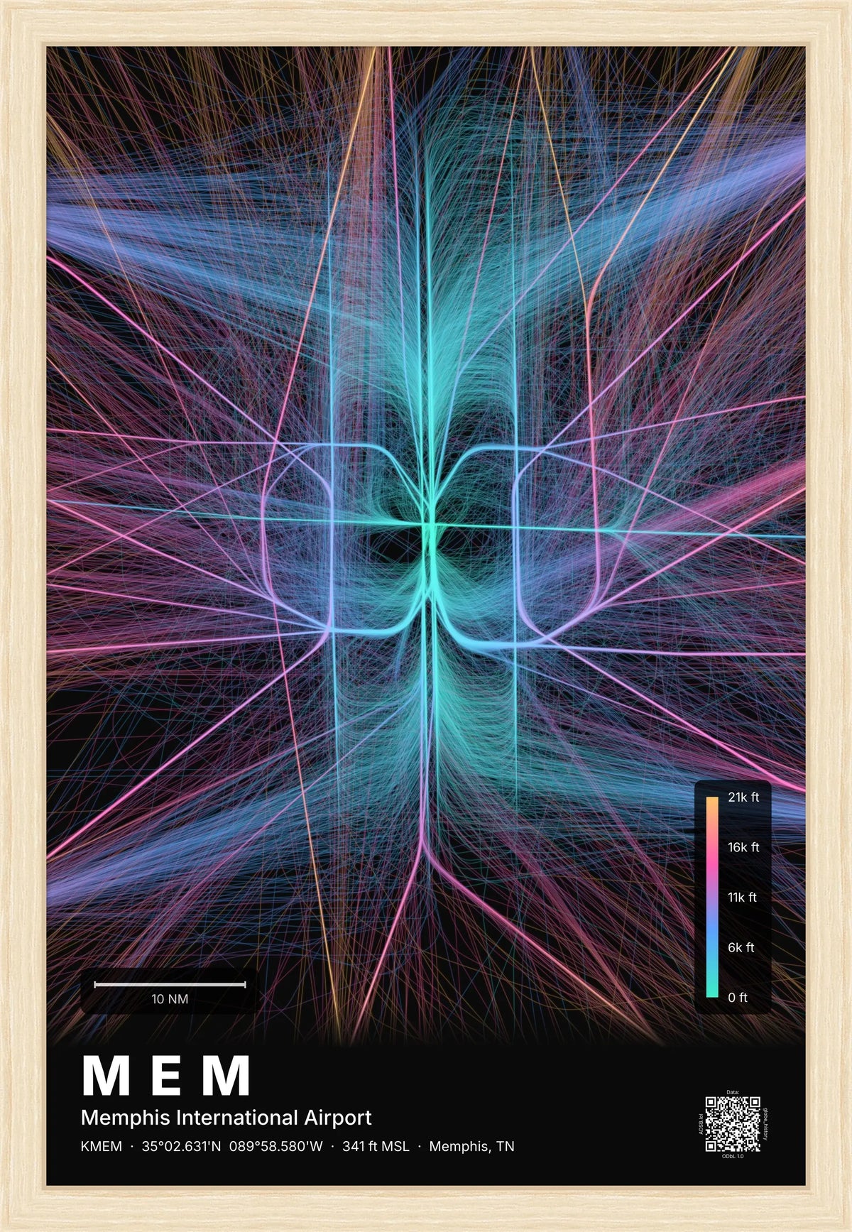 MEM flight path print — Aurora theme · Dark [material:framed_natural]