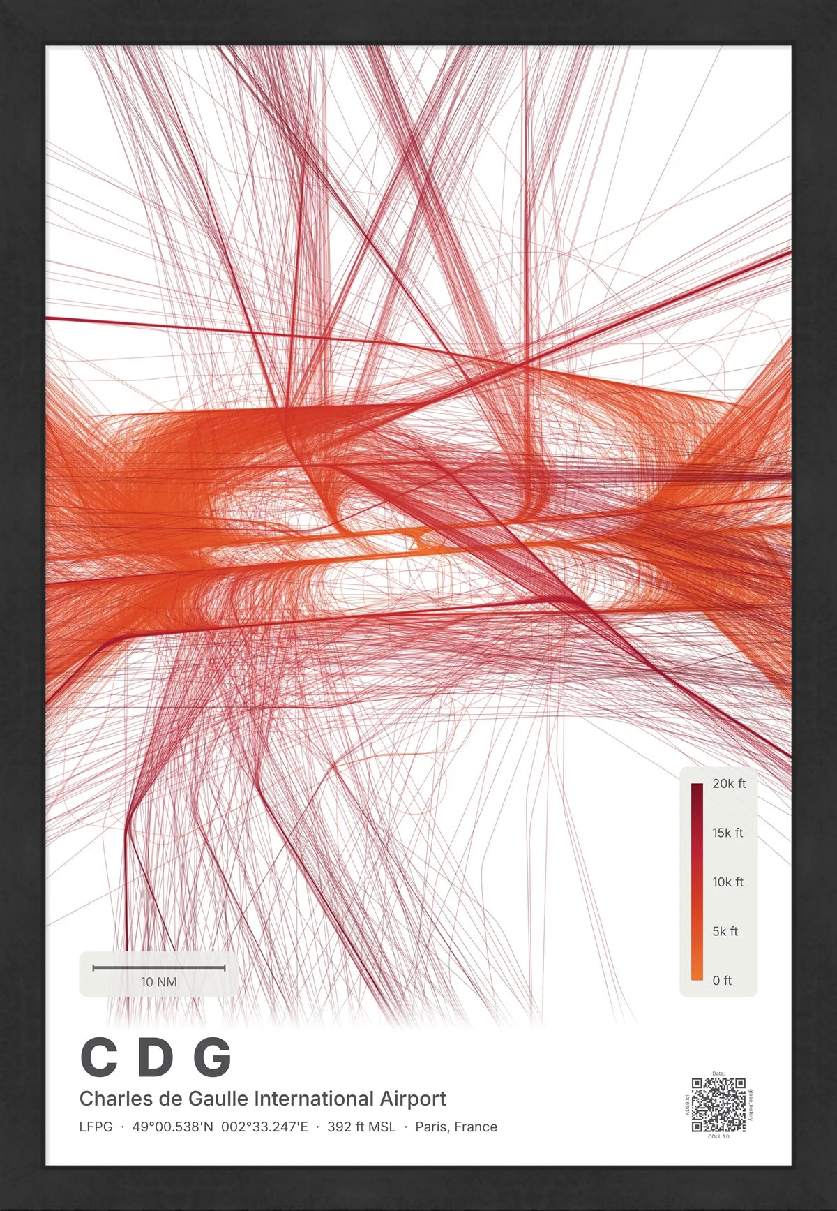 CDG flight path map — Inferno theme · Light [material:framed_black]