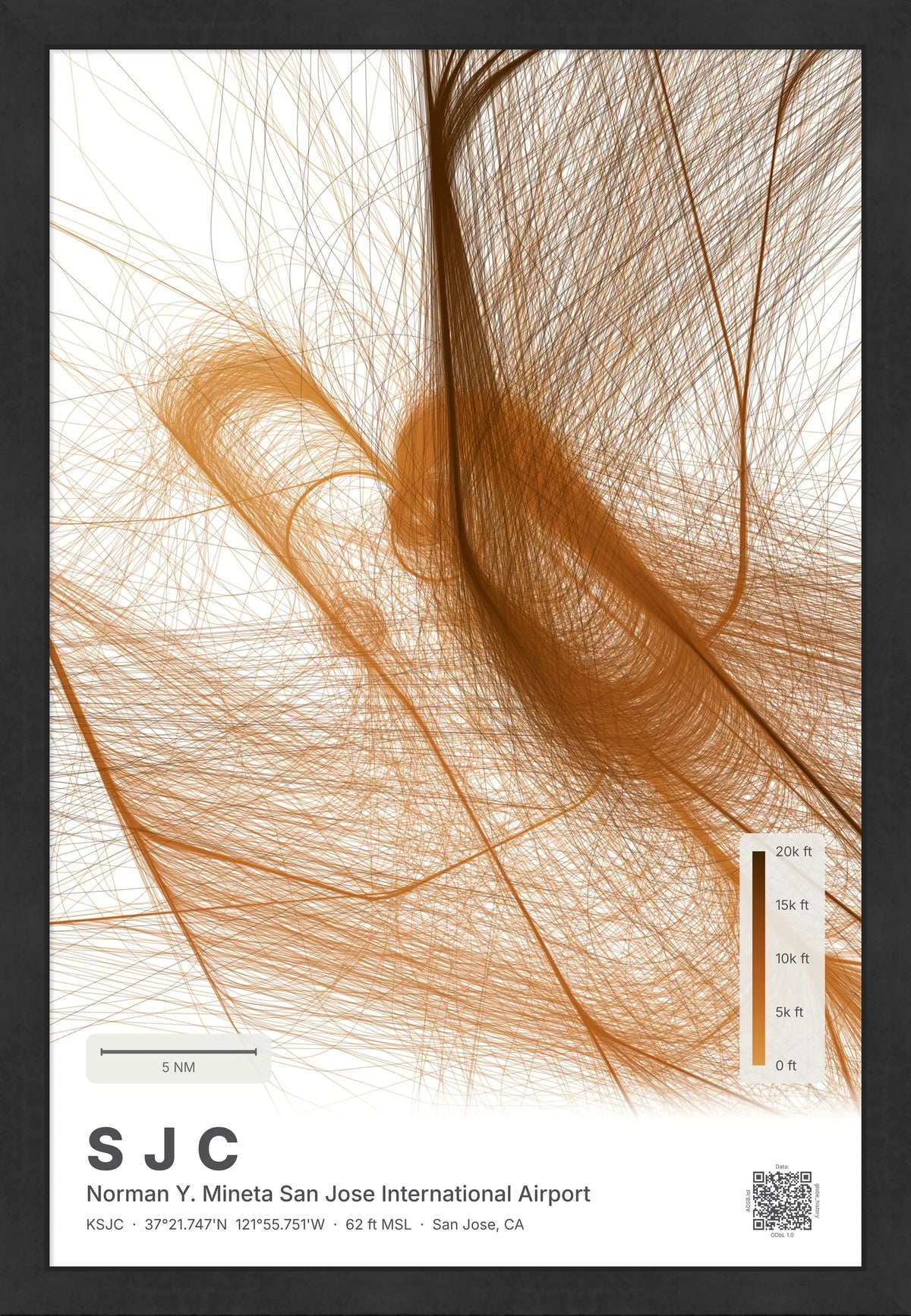 SJC flight path map — Solana theme · Light [material:framed_black]
