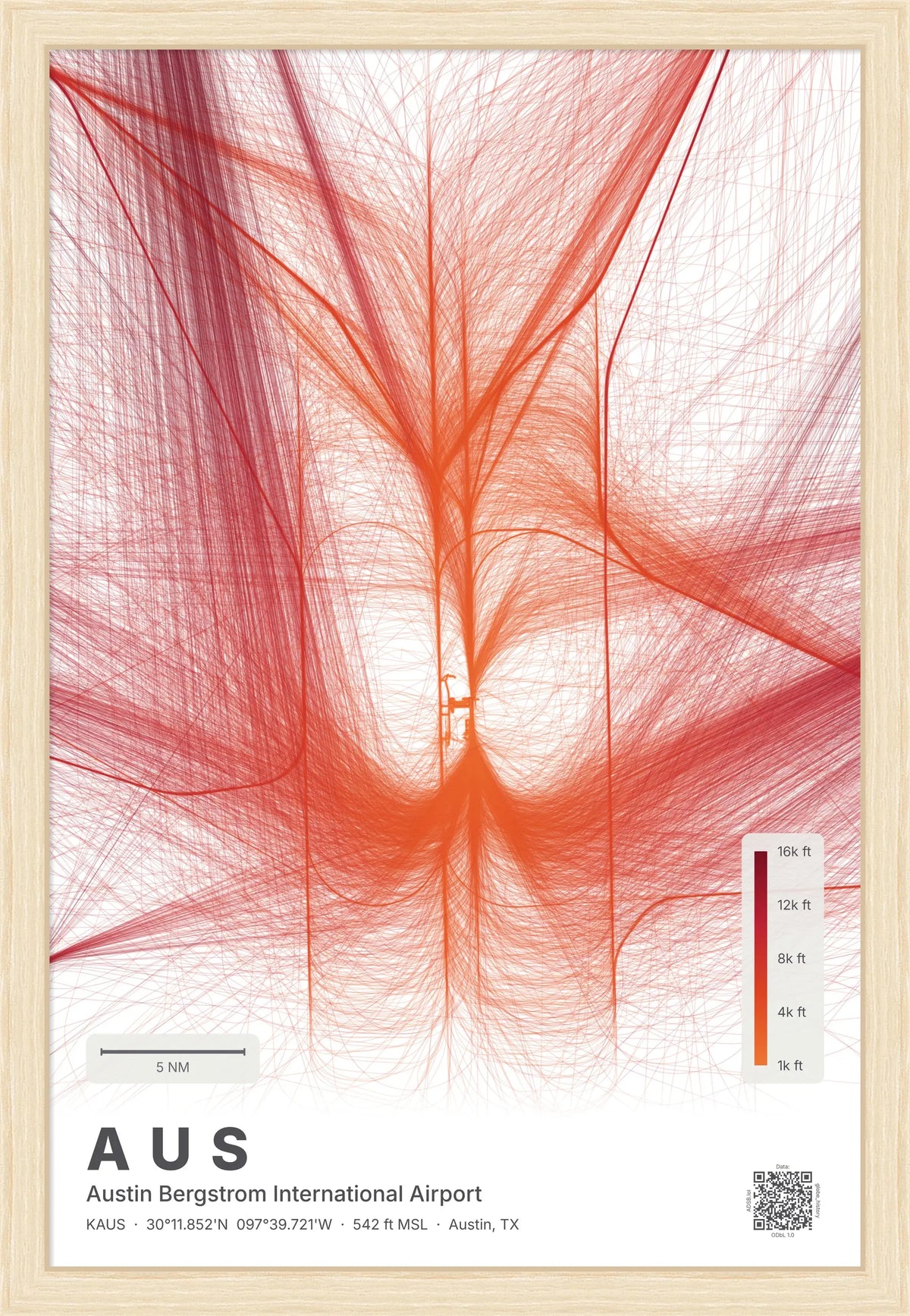 AUS flight path print — Inferno theme · Light [material:framed_natural]