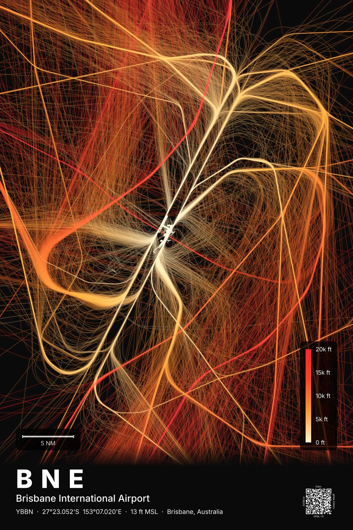 BNE flight path map — Inferno theme · Dark