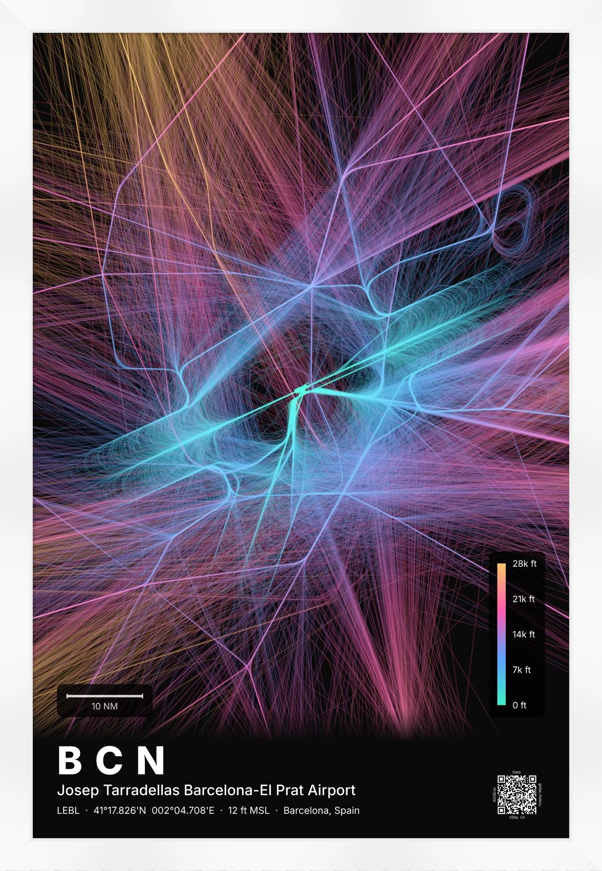 BCN flight path map — Aurora theme · Dark [material:framed_white]