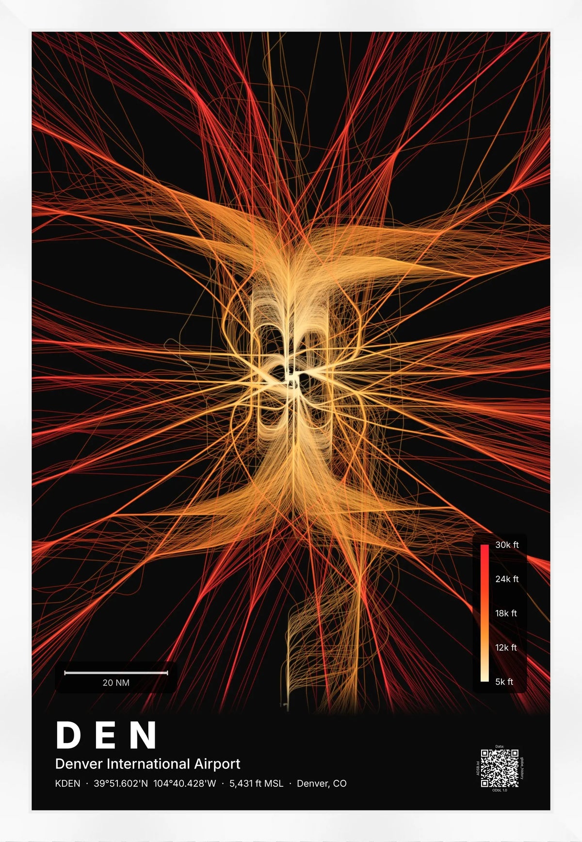 DEN flight path print — Inferno theme · Dark [material:framed_white]
