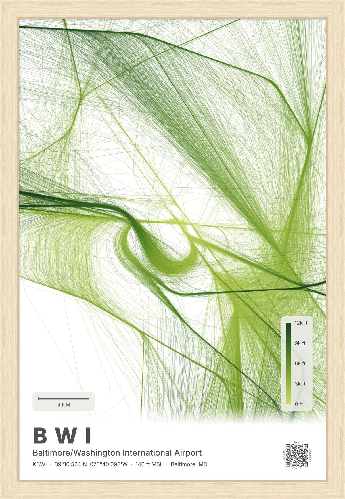 BWI flight path print — Citrus theme · Light [material:framed_natural]