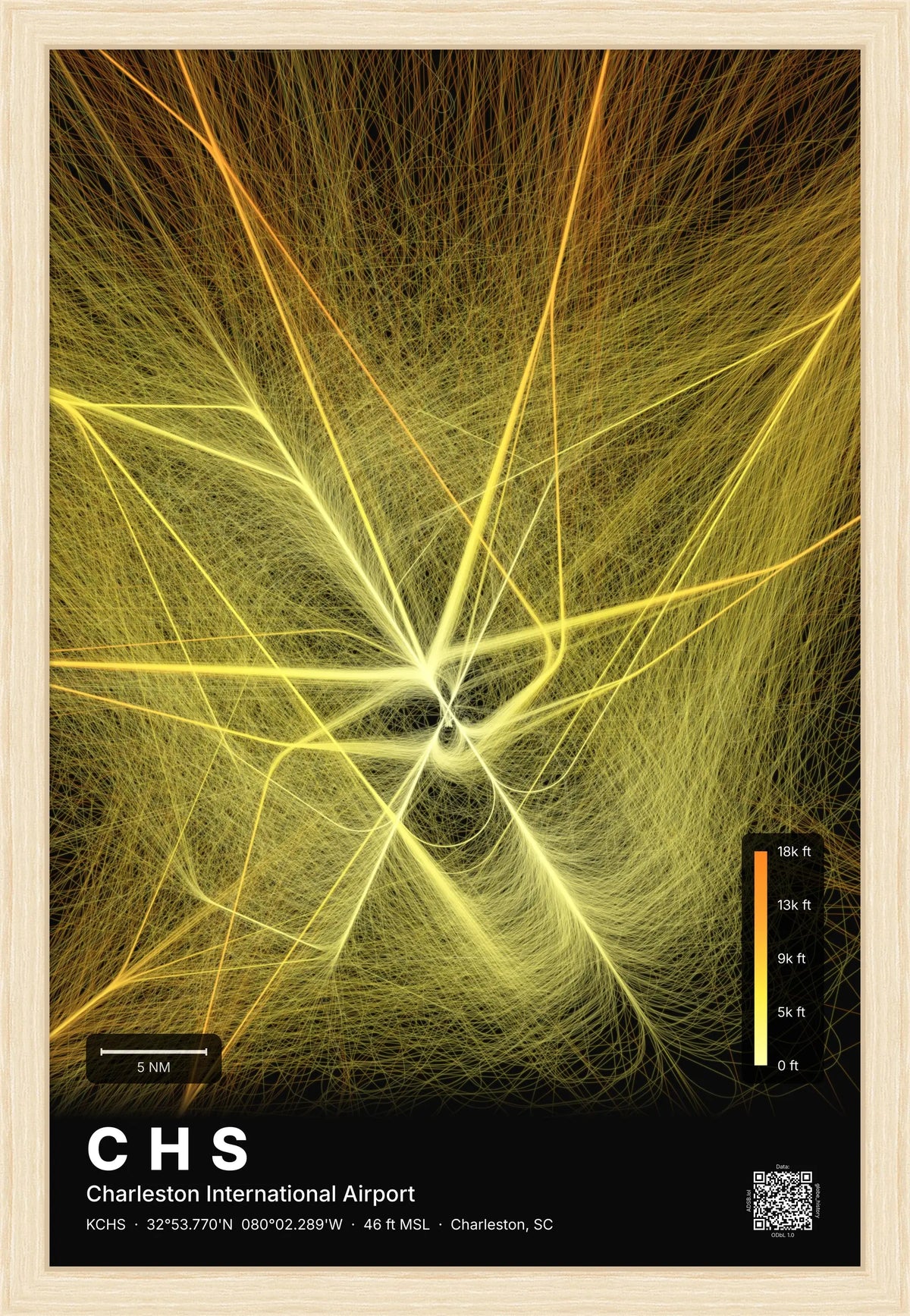 CHS flight path print — Solana theme · Dark [material:framed_natural]