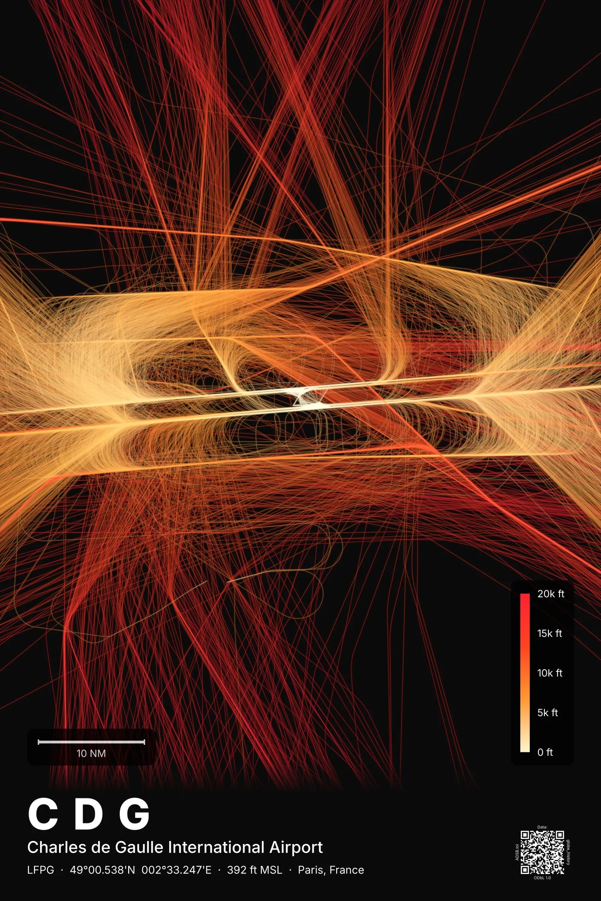 CDG flight path map — Inferno theme · Dark