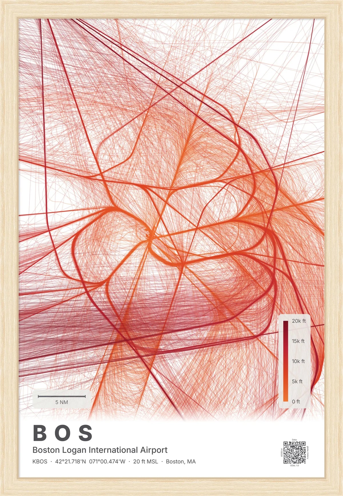 BOS flight path print — Inferno theme · Light [material:framed_natural]