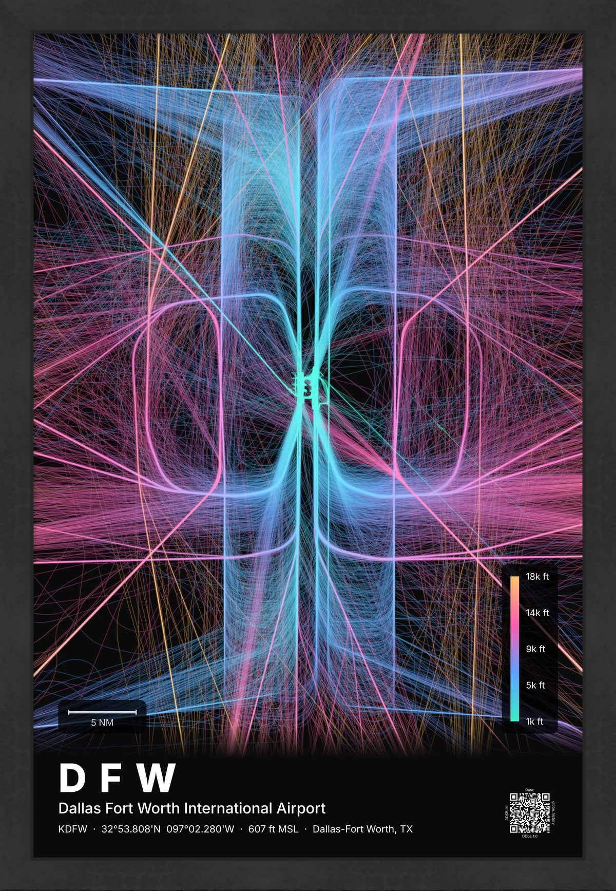 DFW flight path map — Aurora theme · Dark [material:framed_black]
