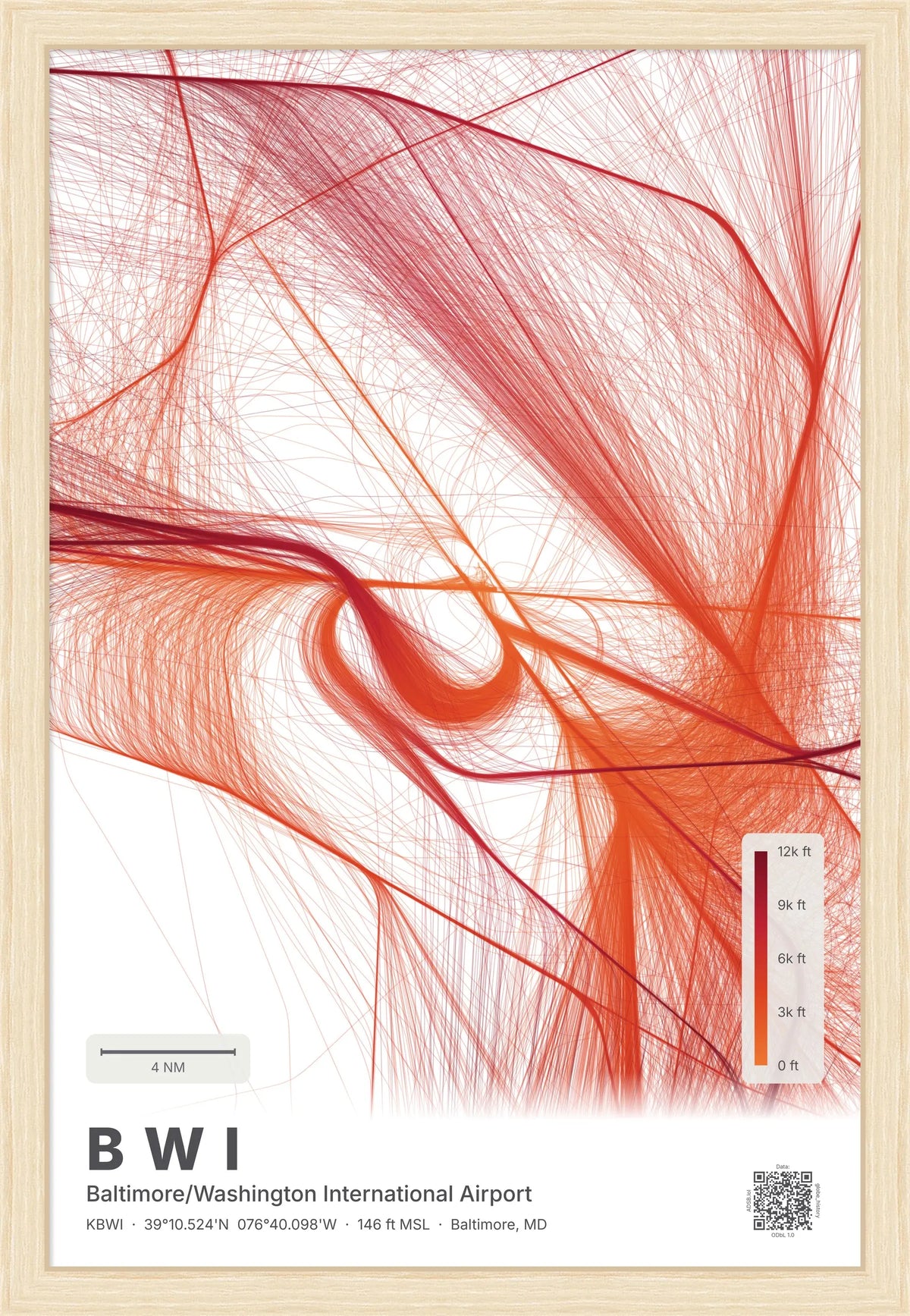 BWI flight path print — Inferno theme · Light [material:framed_natural]