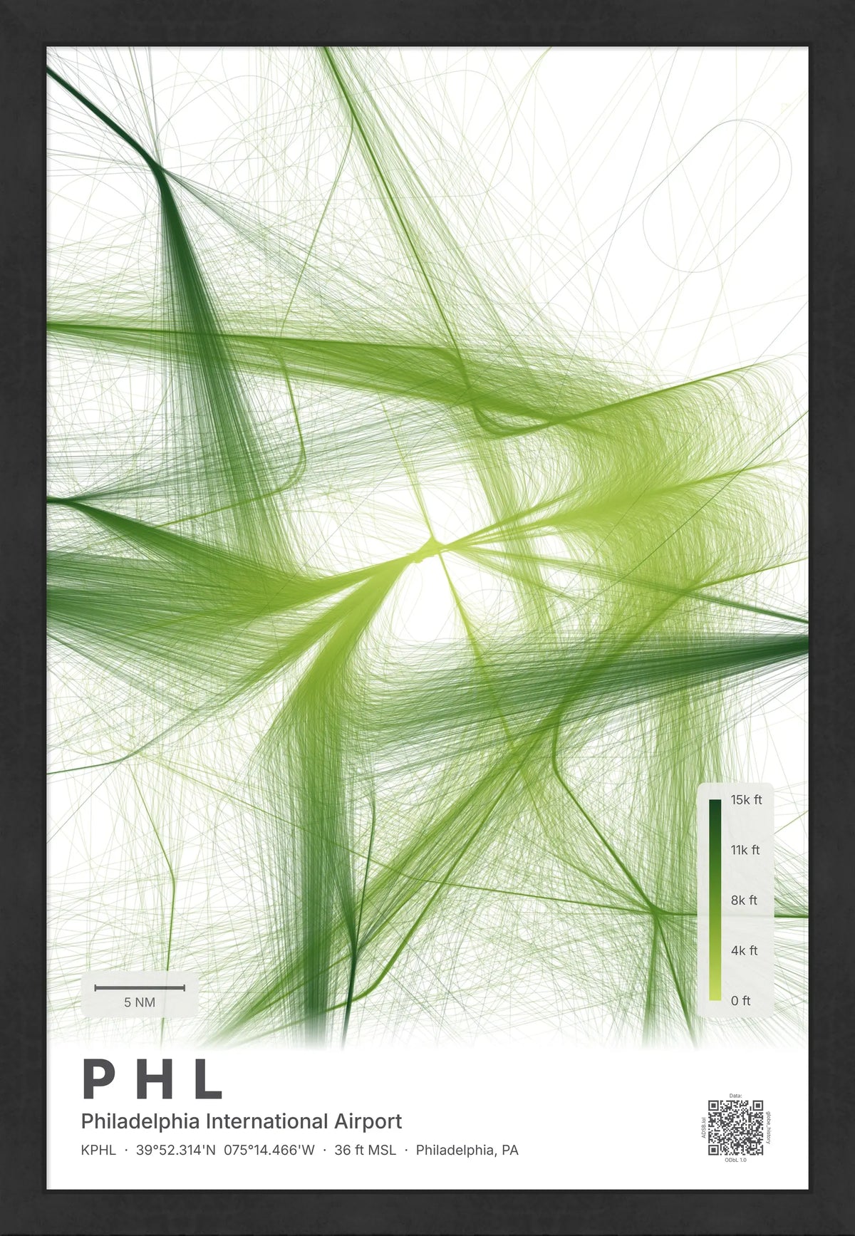 PHL flight path print — Citrus theme · Light [material:framed_black]