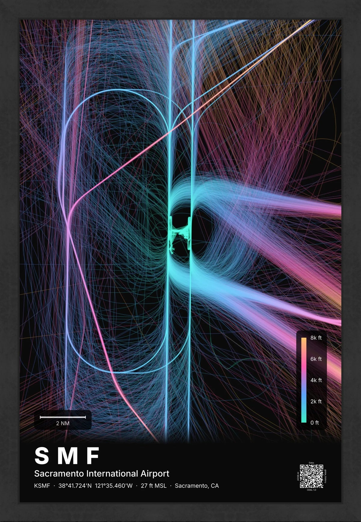 SMF flight path print — Aurora theme · Dark [material:framed_black]
