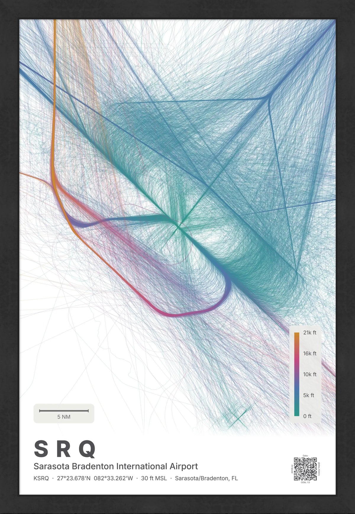 SRQ flight path print — Aurora theme · Light [material:framed_black]