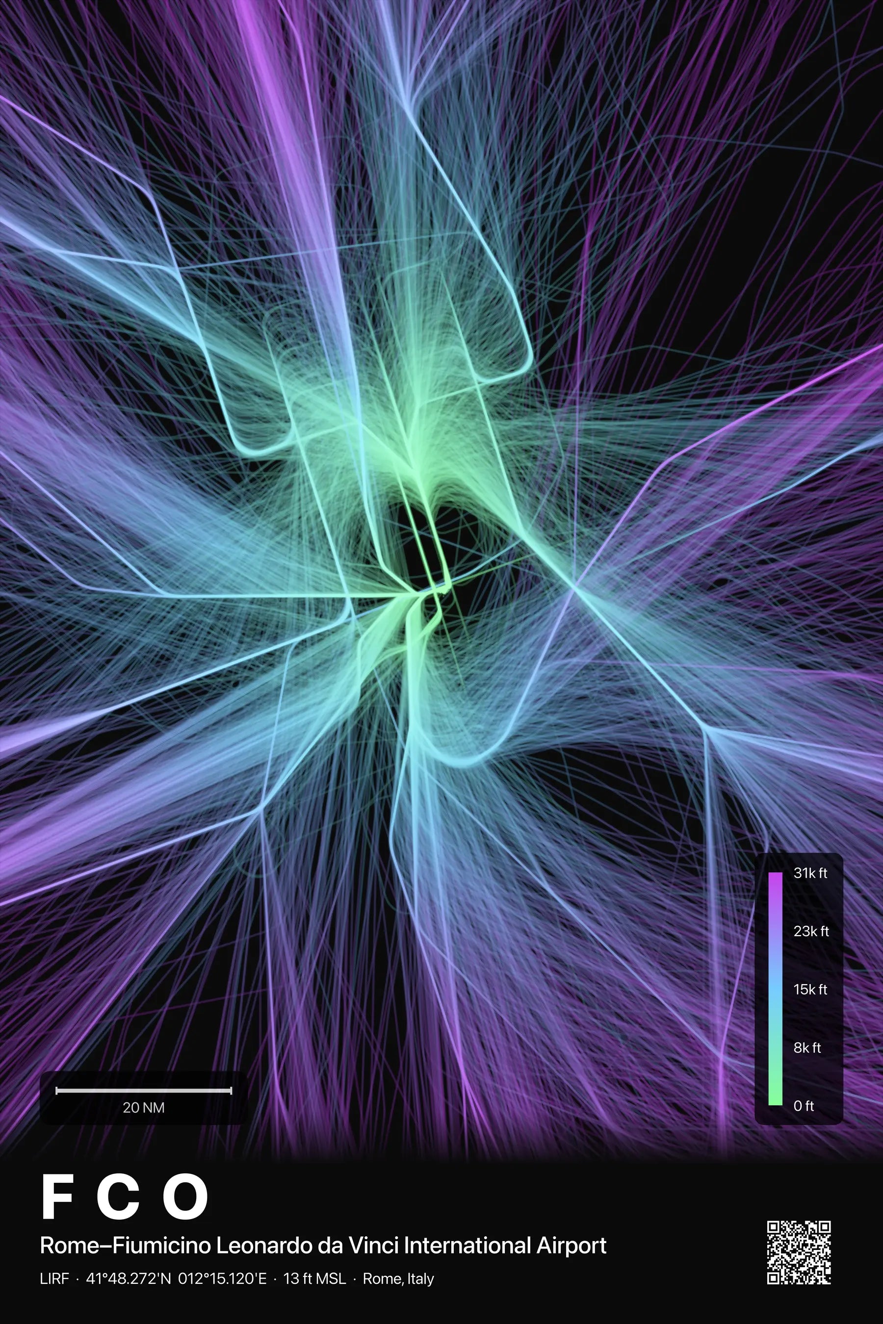 FCO flight path print — Prism theme · Dark
