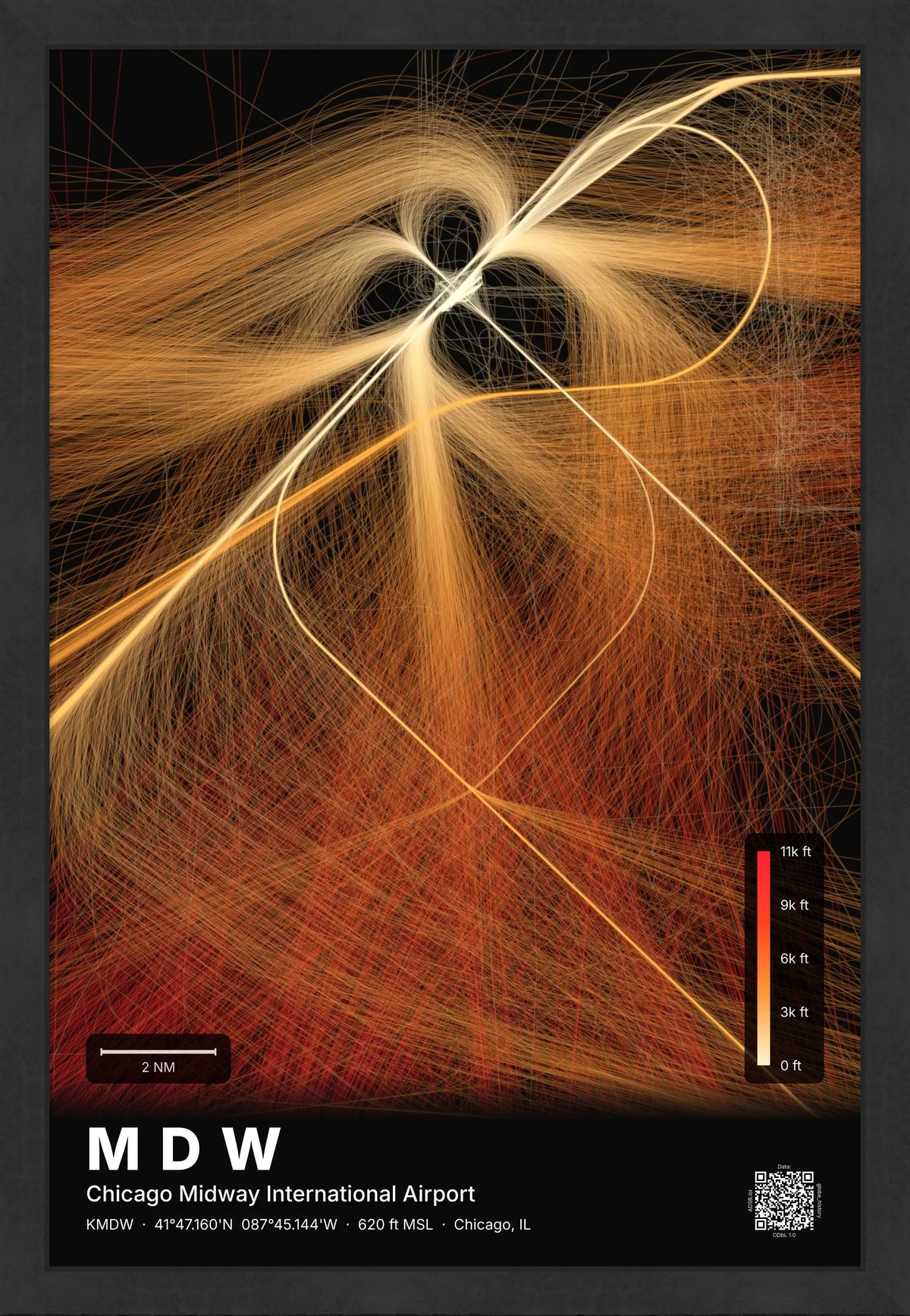 MDW flight path print — Inferno theme · Dark [material:framed_black]