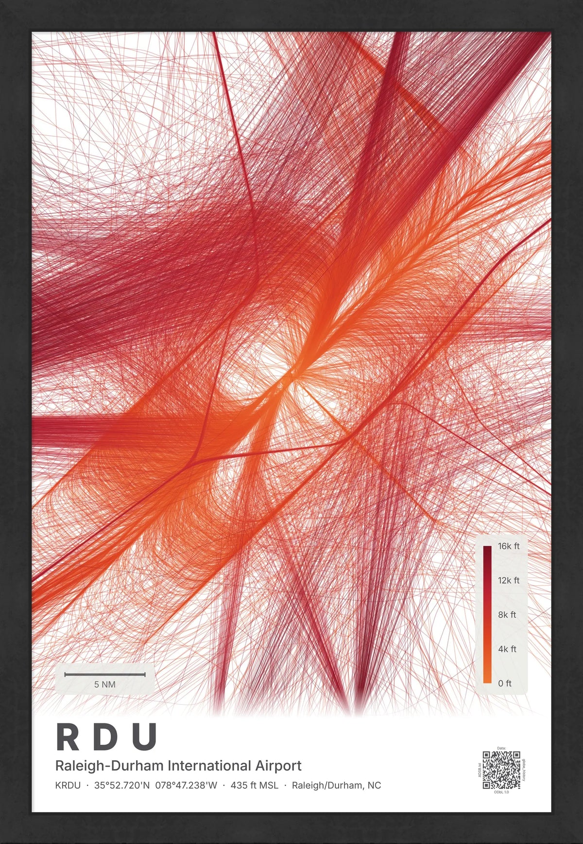 RDU flight path print — Inferno theme · Light [material:framed_black]