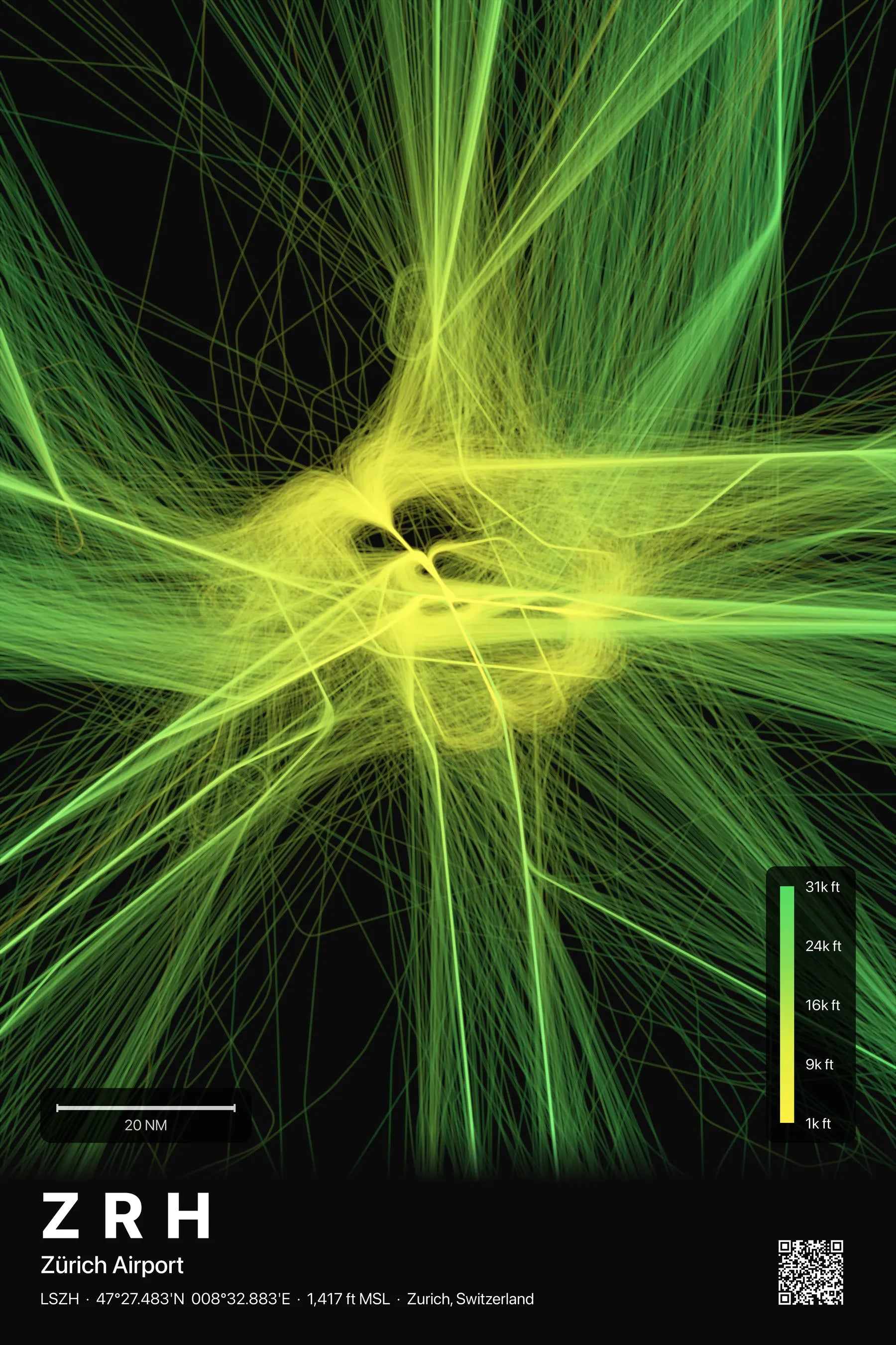 ZRH flight path print — Citrus theme · Dark