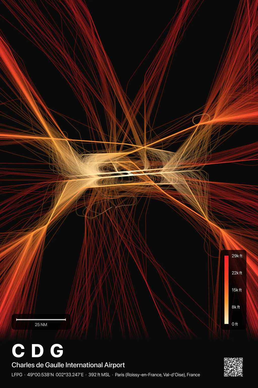 CDG flight path print — Inferno theme · Dark