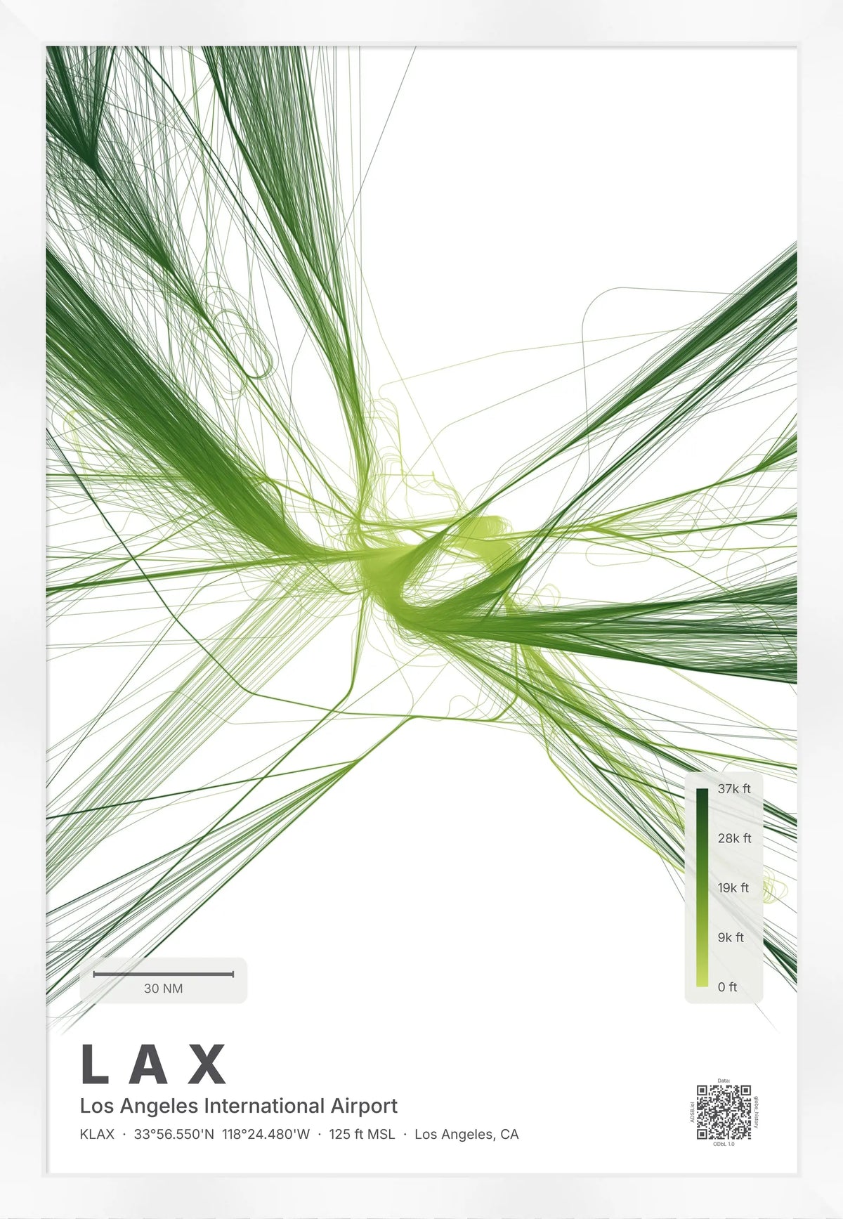 LAX flight path print — Citrus theme · Light [material:framed_white]