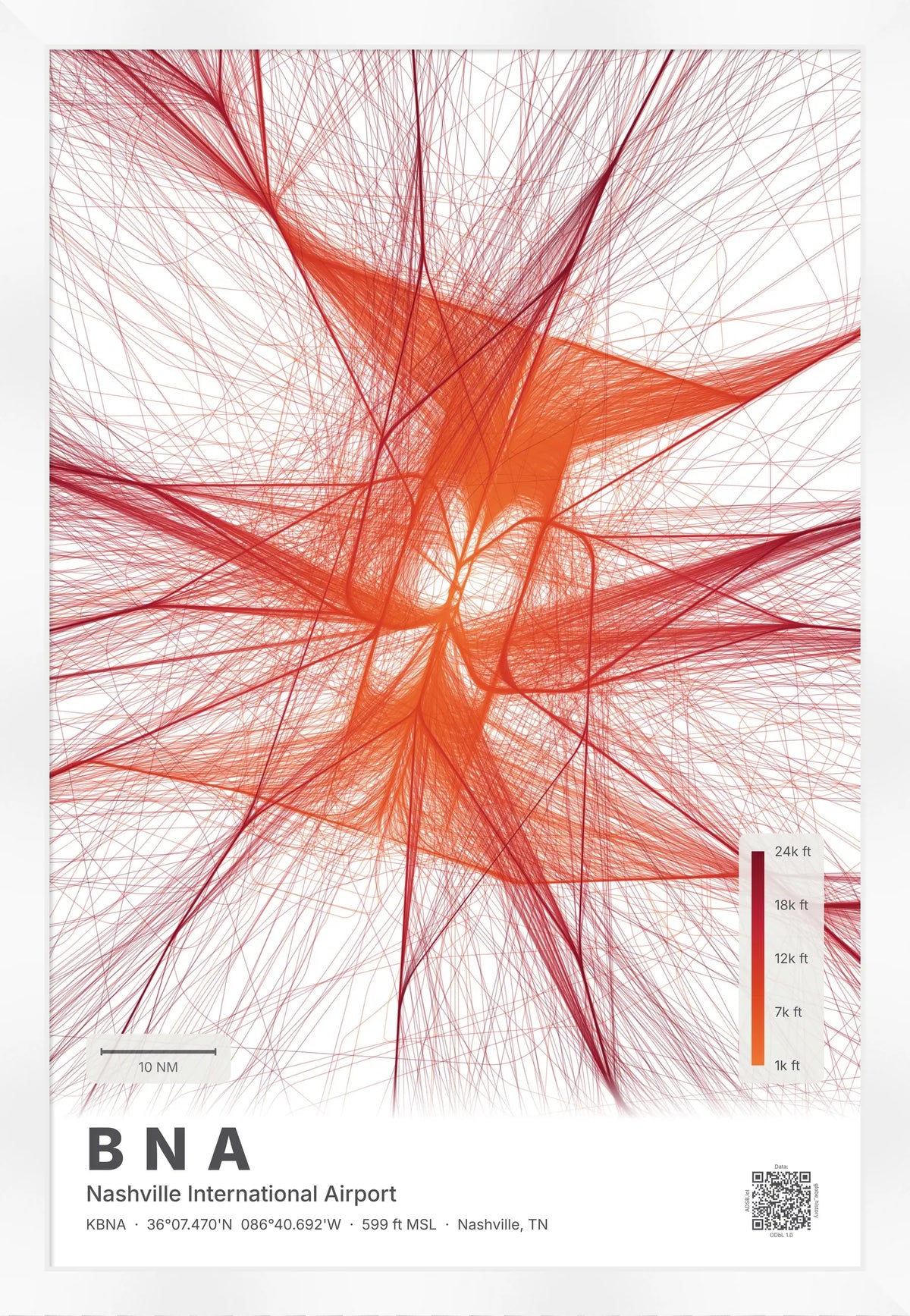 BNA flight path print — Inferno theme · Light [material:framed_white]