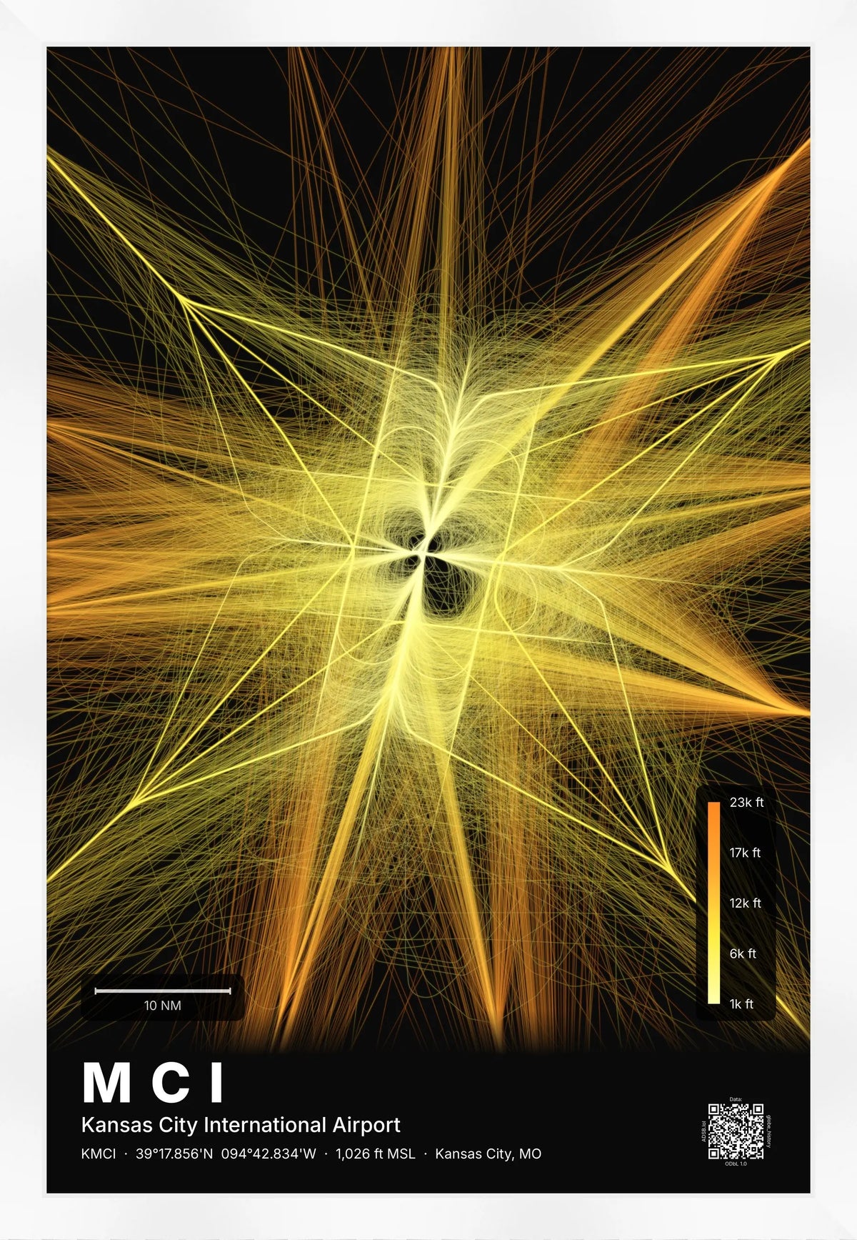 MCI flight path print — Solana theme · Dark [material:framed_white]