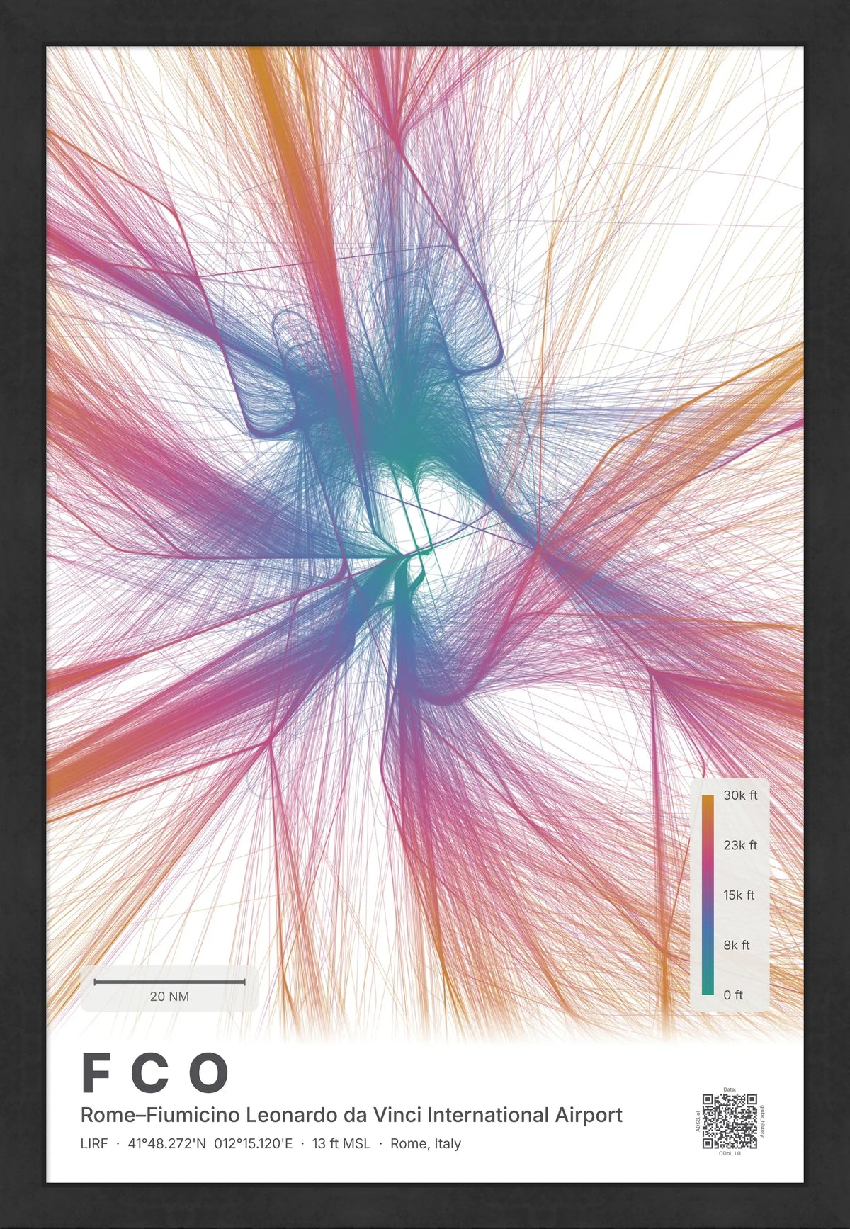 FCO flight path print — Aurora theme · Light [material:framed_black]