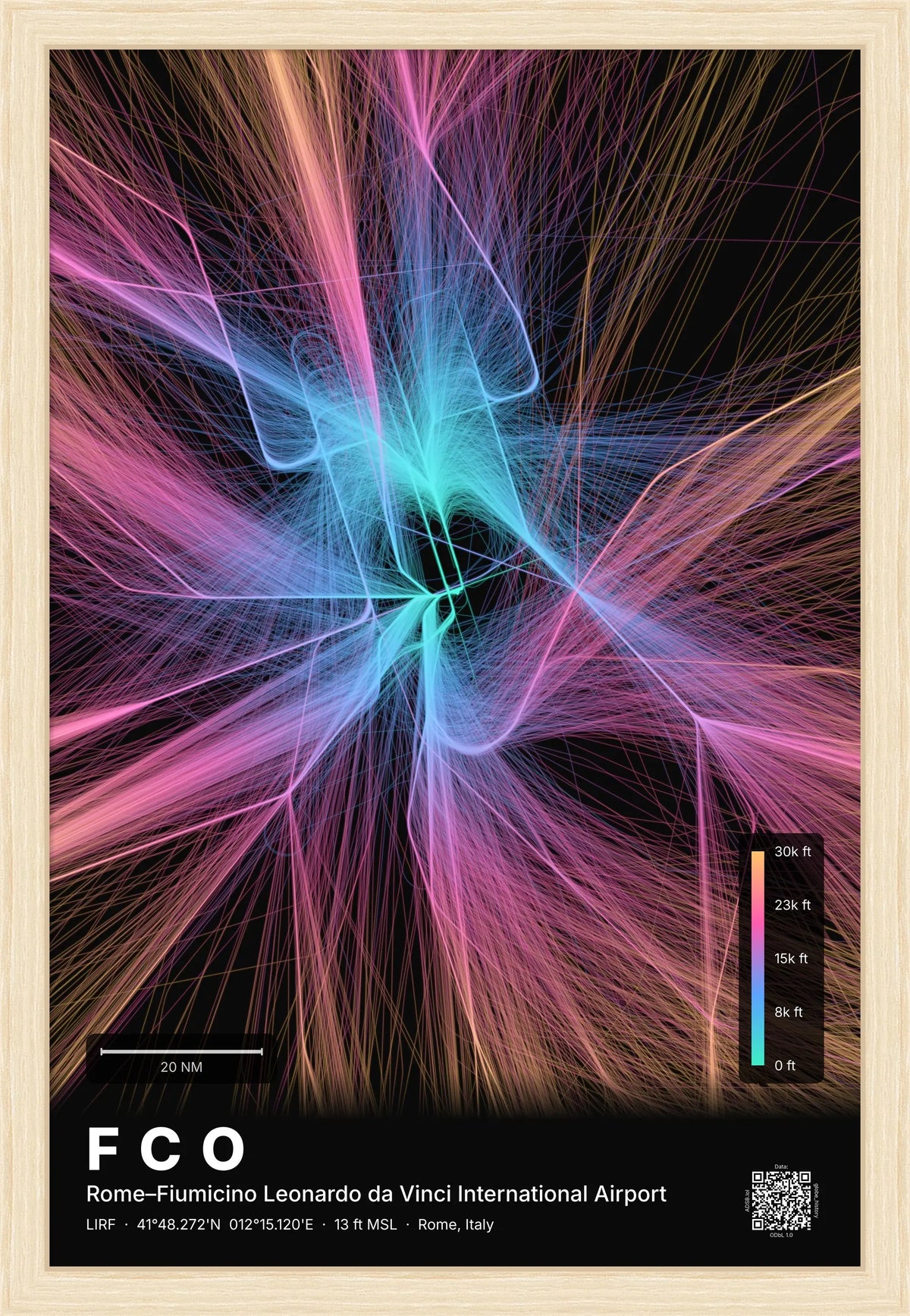 FCO flight path print — Aurora theme · Dark [material:framed_natural]