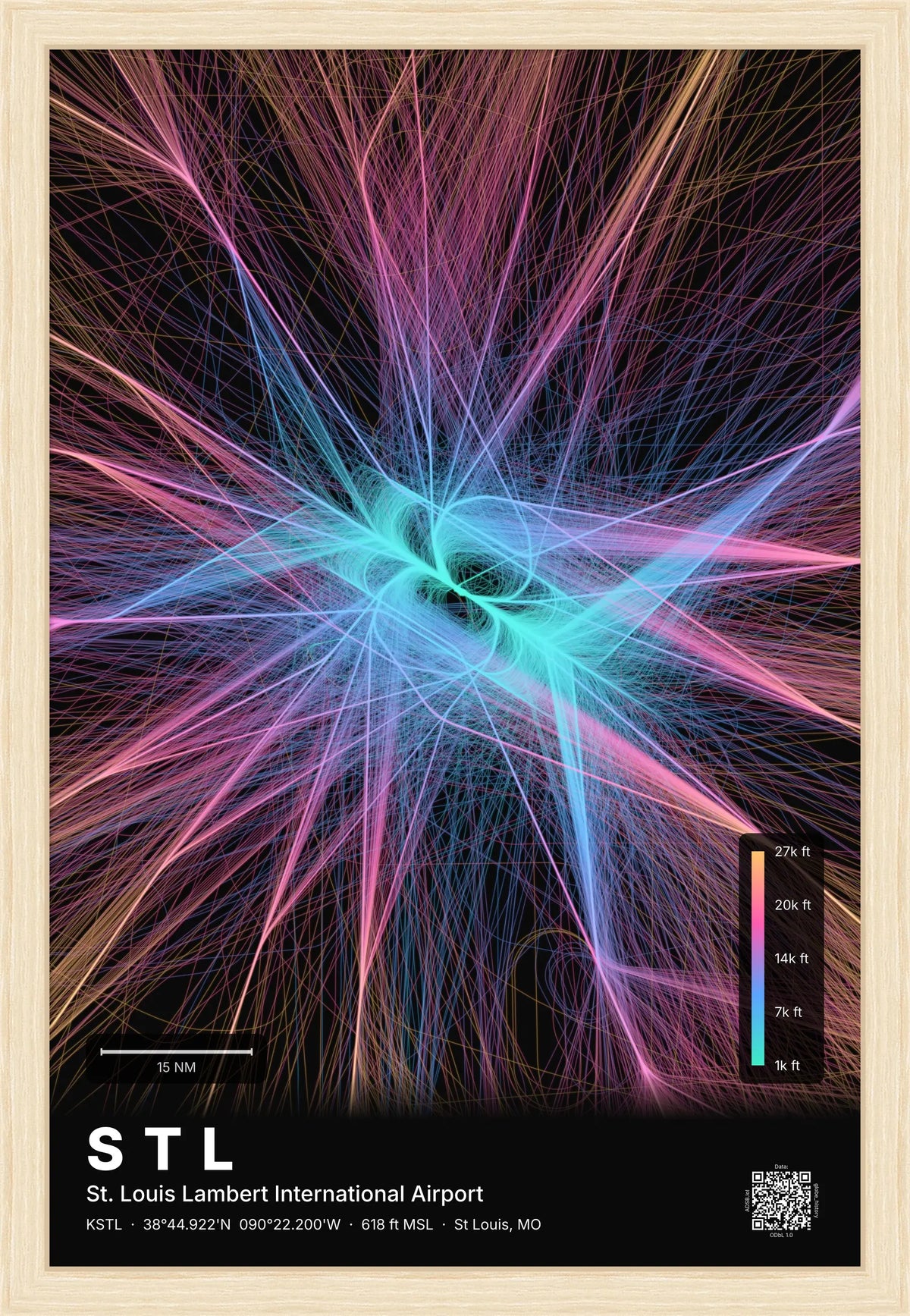 STL flight path print — Aurora theme · Dark [material:framed_natural]