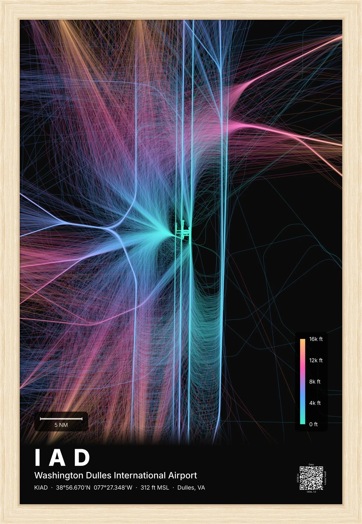 IAD flight path print — Aurora theme · Dark [material:framed_natural]