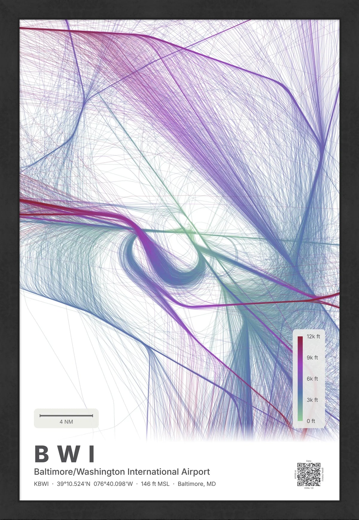 BWI flight path print — Prism theme · Light [material:framed_black]