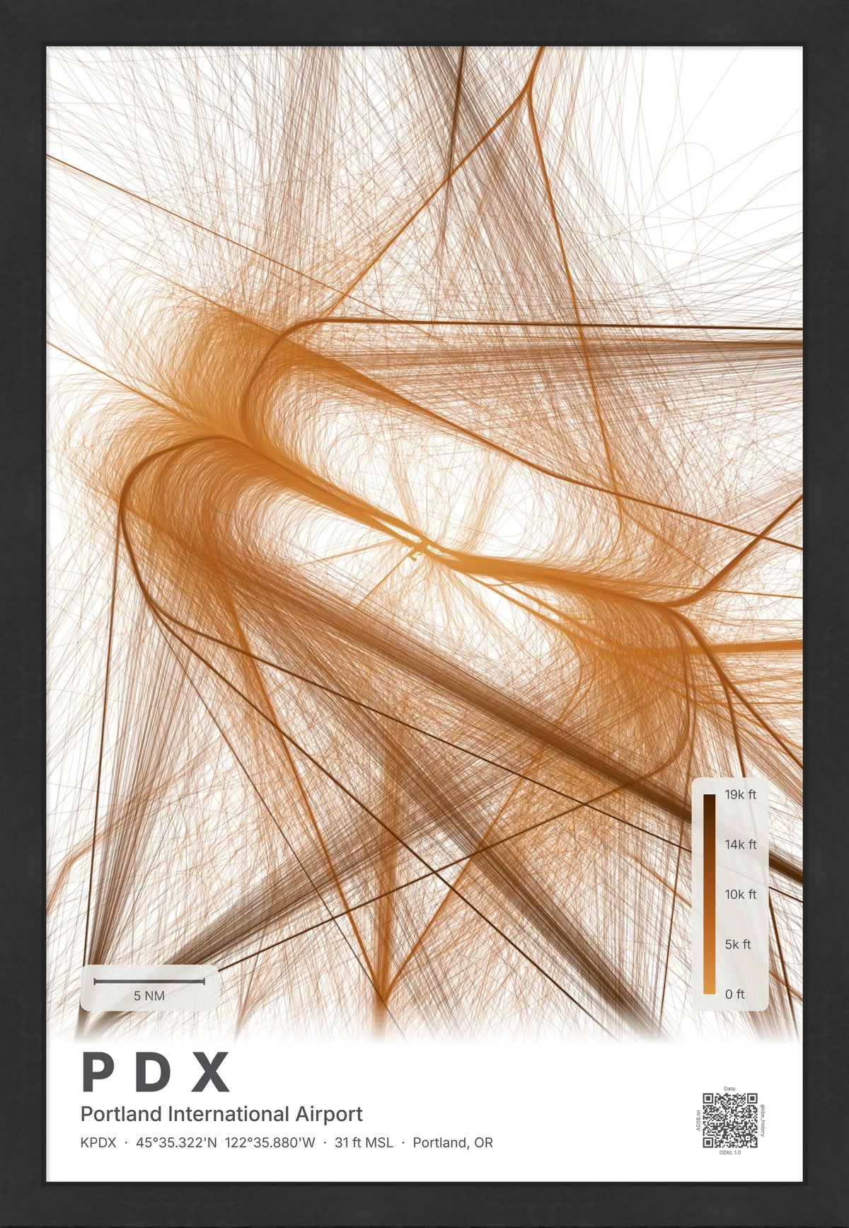 PDX flight path print — Solana theme · Light [material:framed_black]