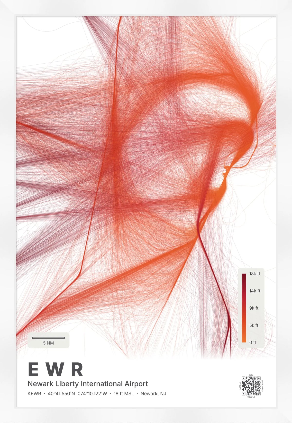 EWR flight path print — Inferno theme · Light [material:framed_white]
