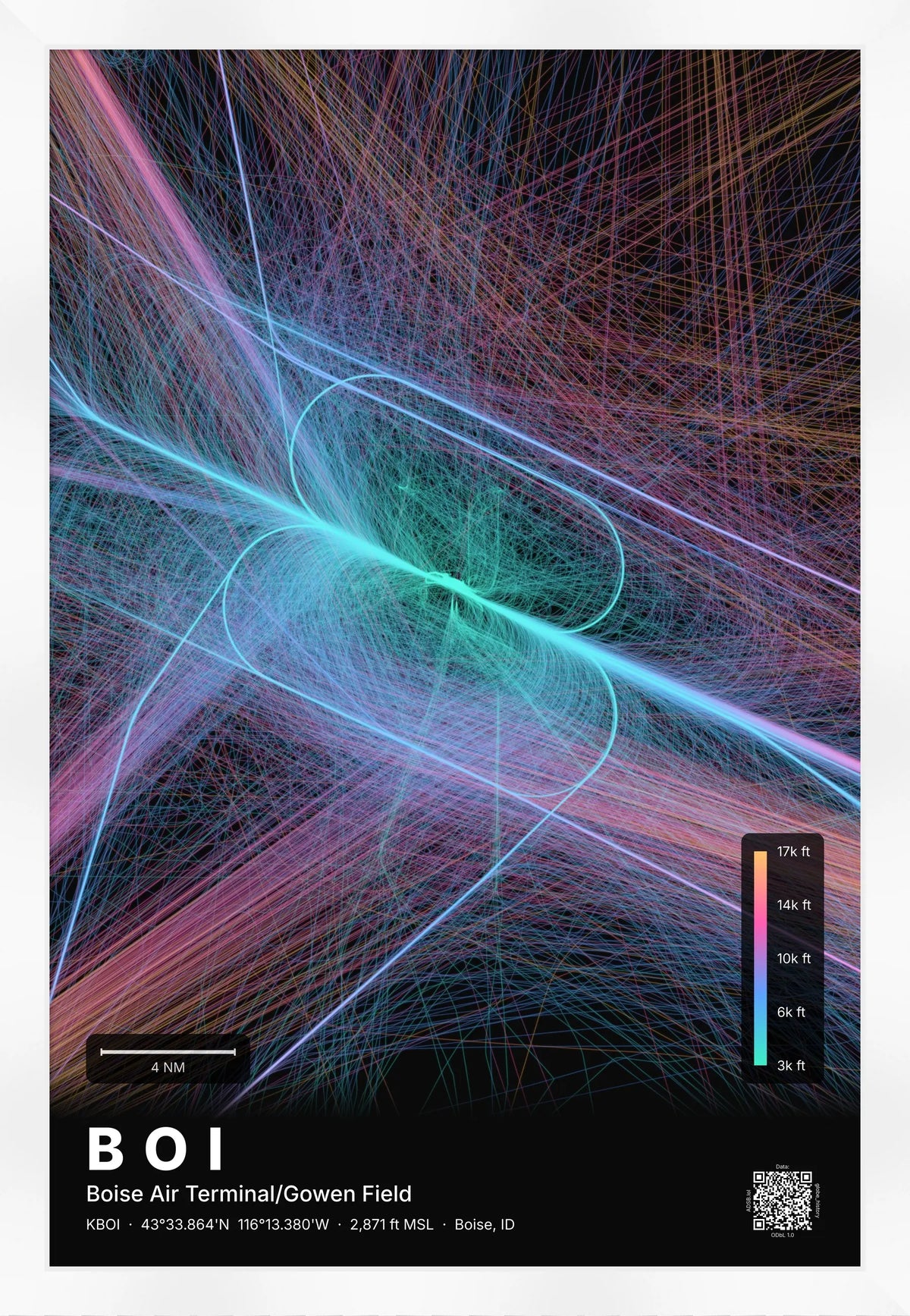 BOI flight path print — Aurora theme · Dark [material:framed_white]